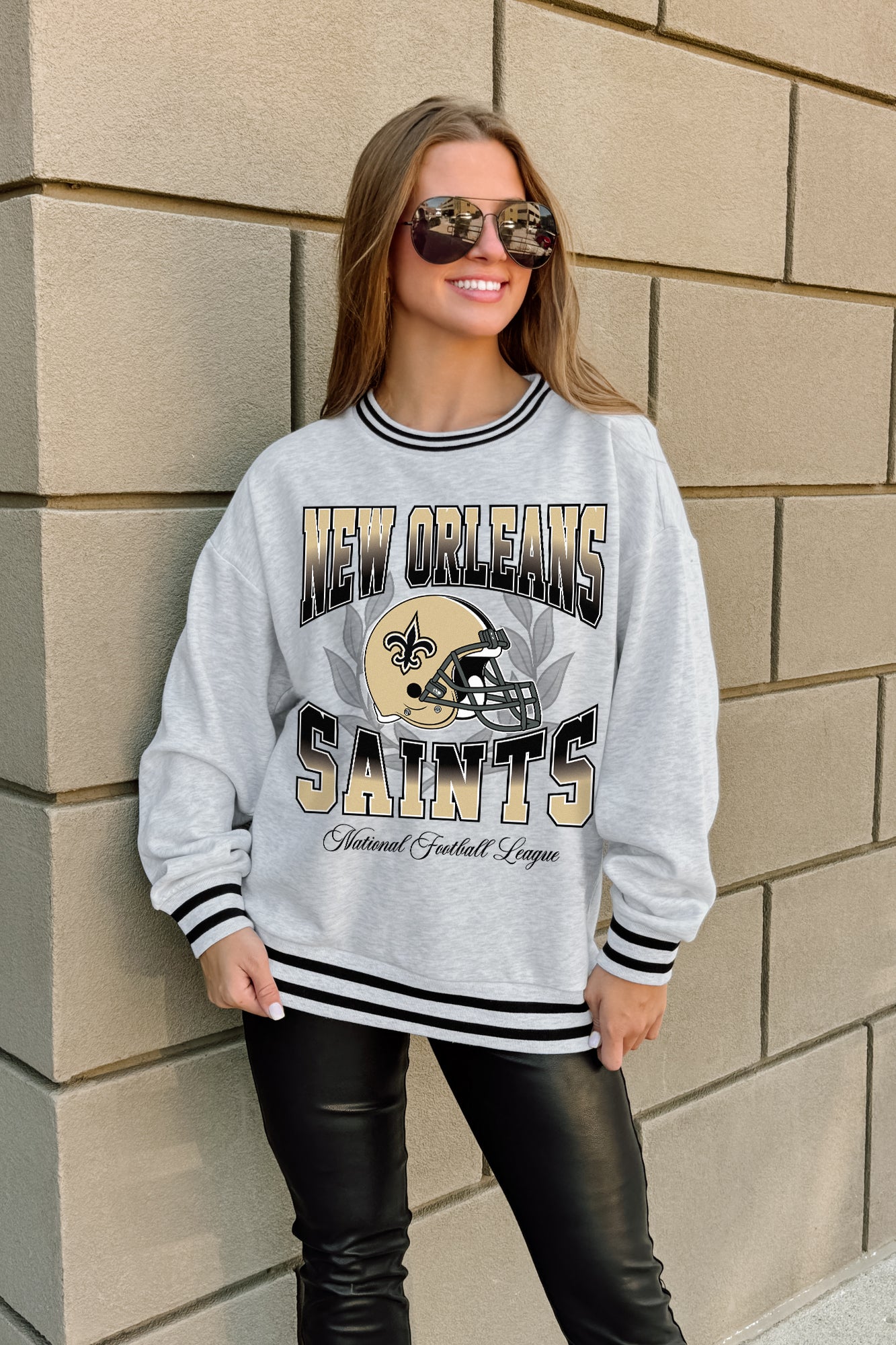 NEW ORLEANS SAINTS FADE ROUTE CREW FLEECE RINGER SWEATSHIRT