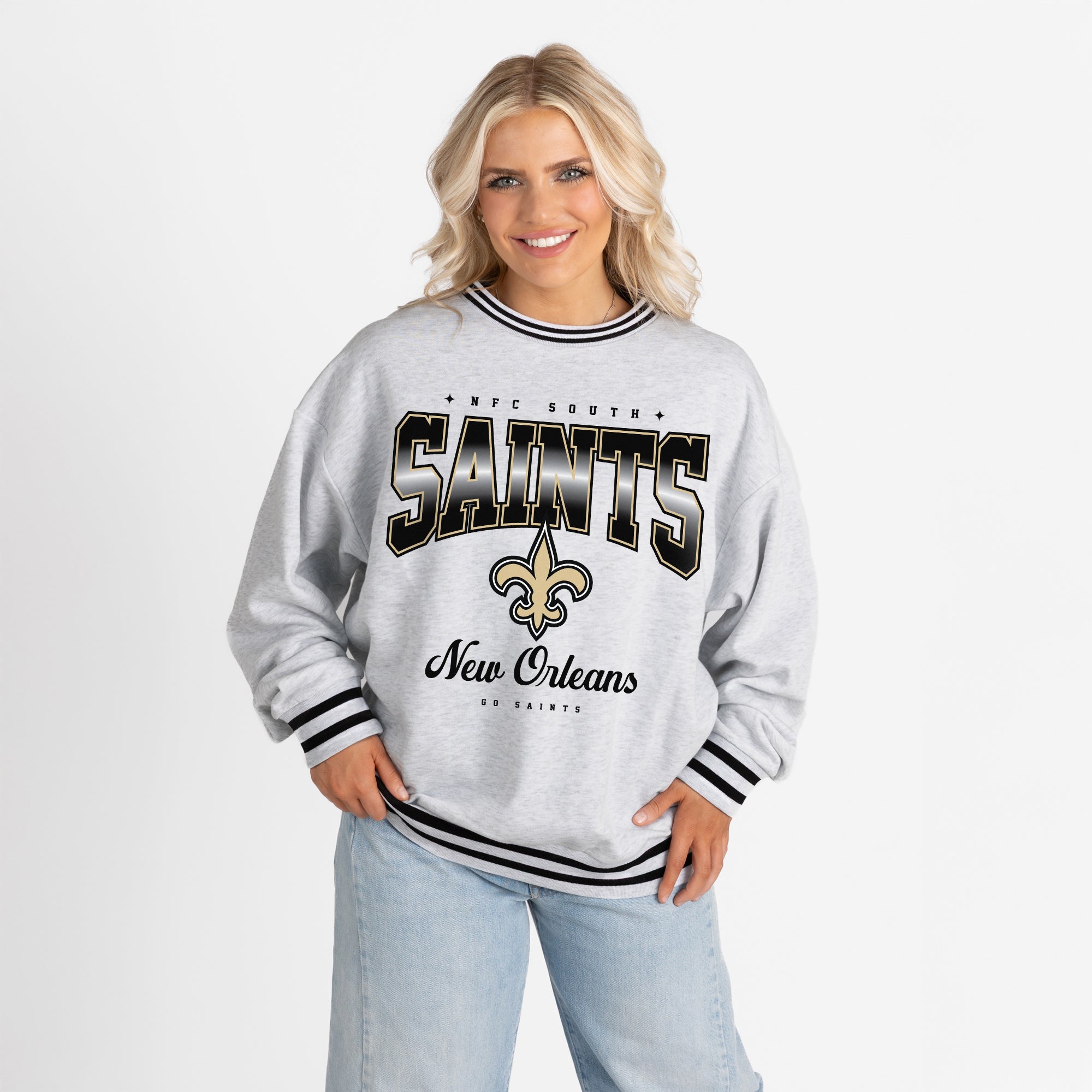 NEW ORLEANS SAINTS GRIDIRON DRIVE CREW FLEECE RINGER SWEATSHIRT
