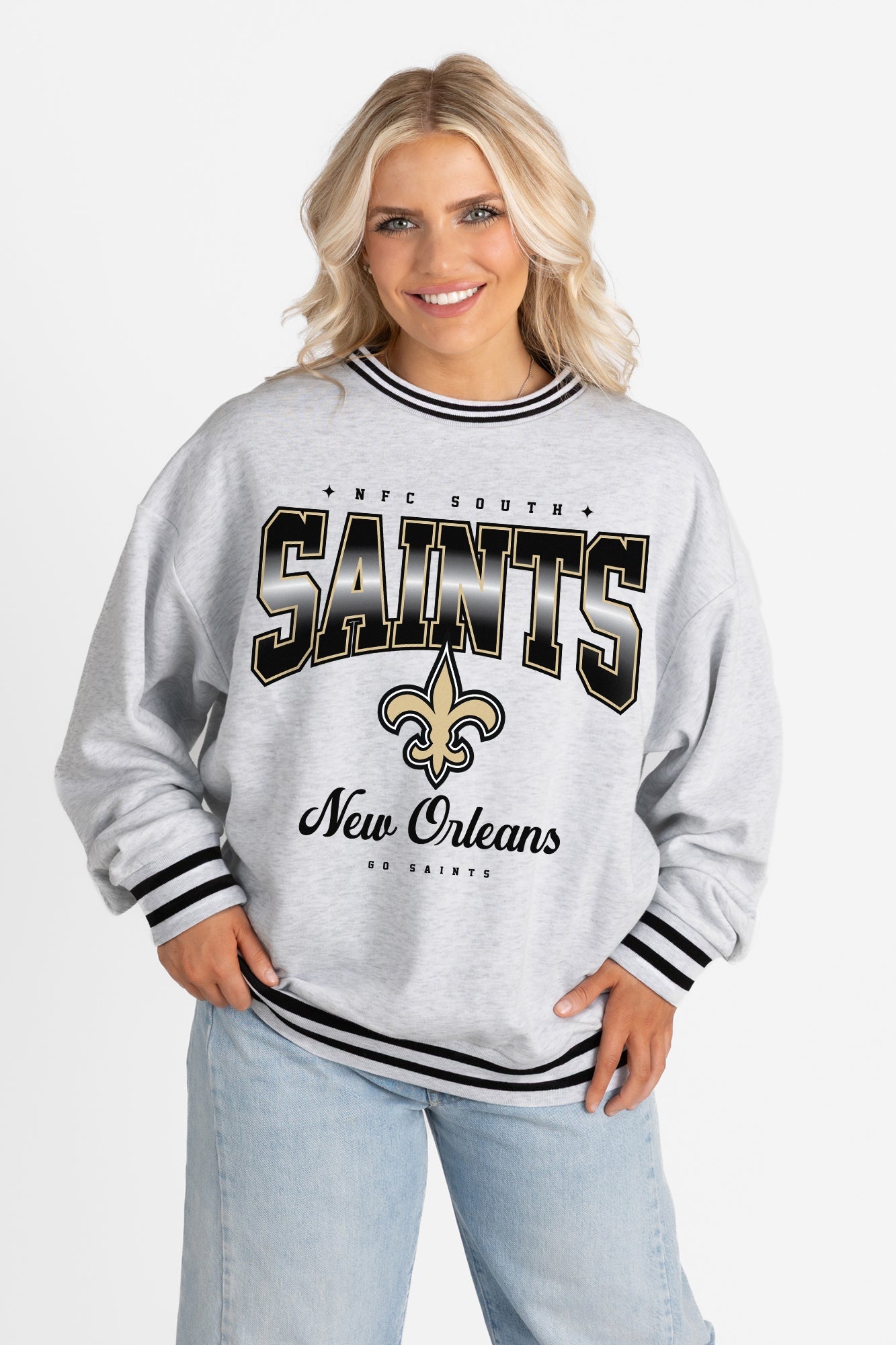 NEW ORLEANS SAINTS GRIDIRON DRIVE CREW FLEECE RINGER SWEATSHIRT