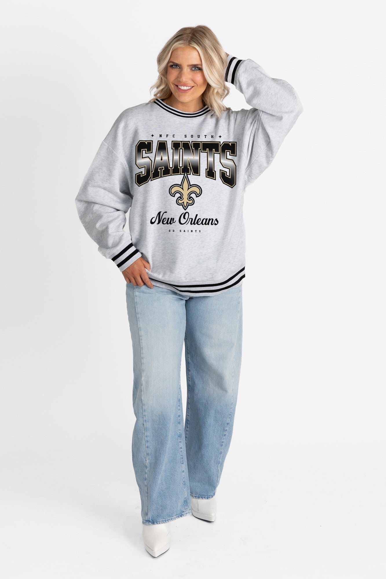 NEW ORLEANS SAINTS GRIDIRON DRIVE CREW FLEECE RINGER SWEATSHIRT