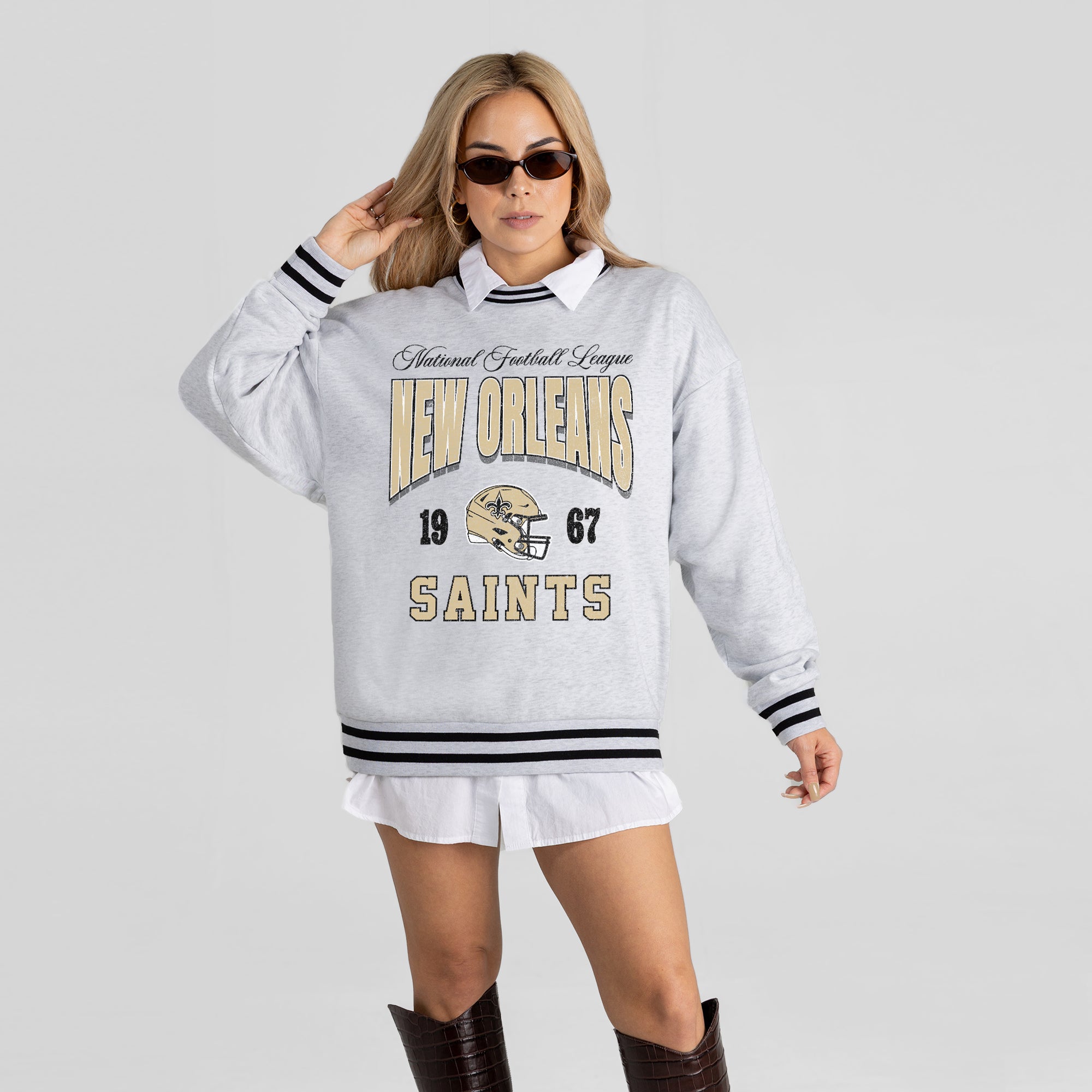 NEW ORLEANS SAINTS COOL VIBES CREW FLEECE RINGER SWEATSHIRT