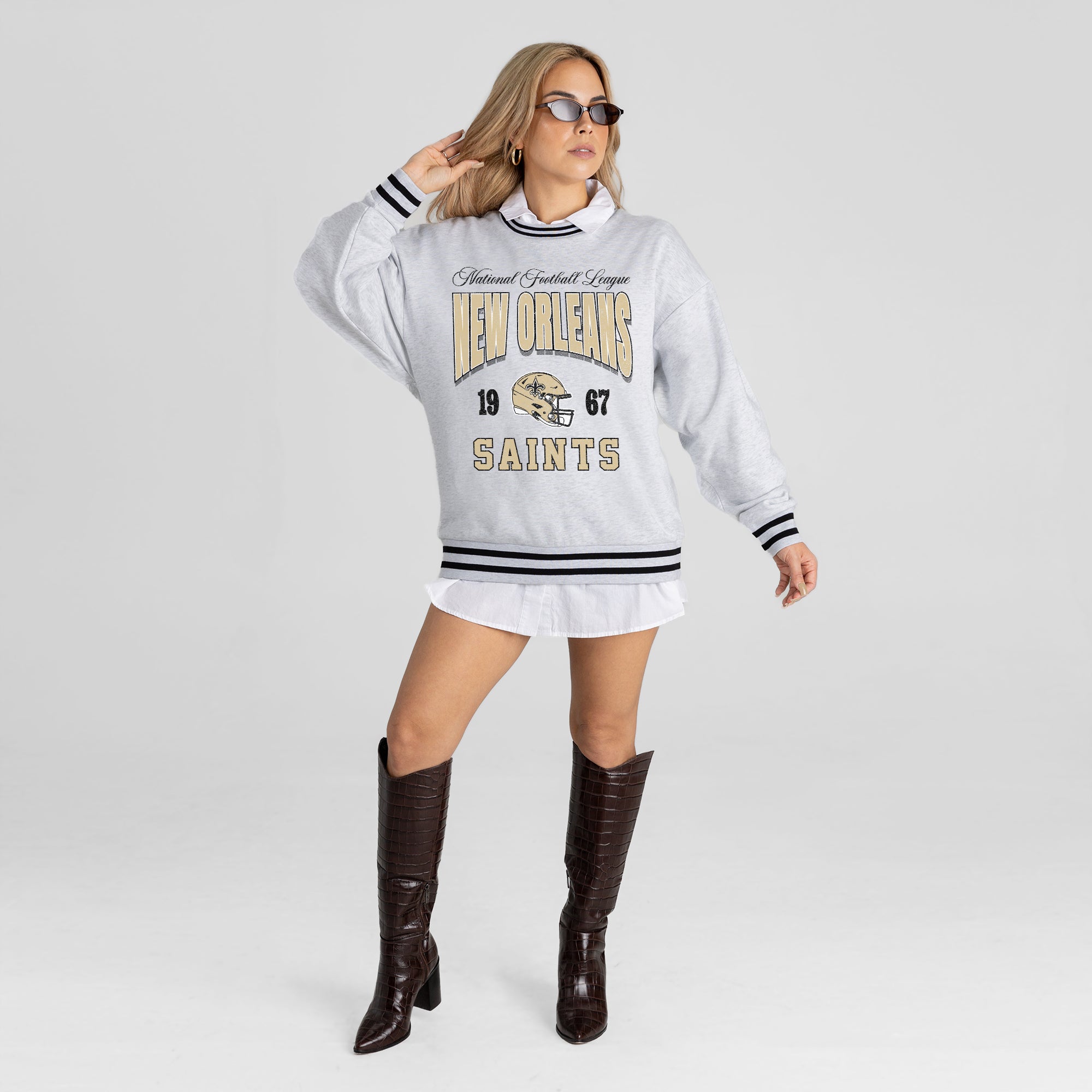 NEW ORLEANS SAINTS COOL VIBES CREW FLEECE RINGER SWEATSHIRT