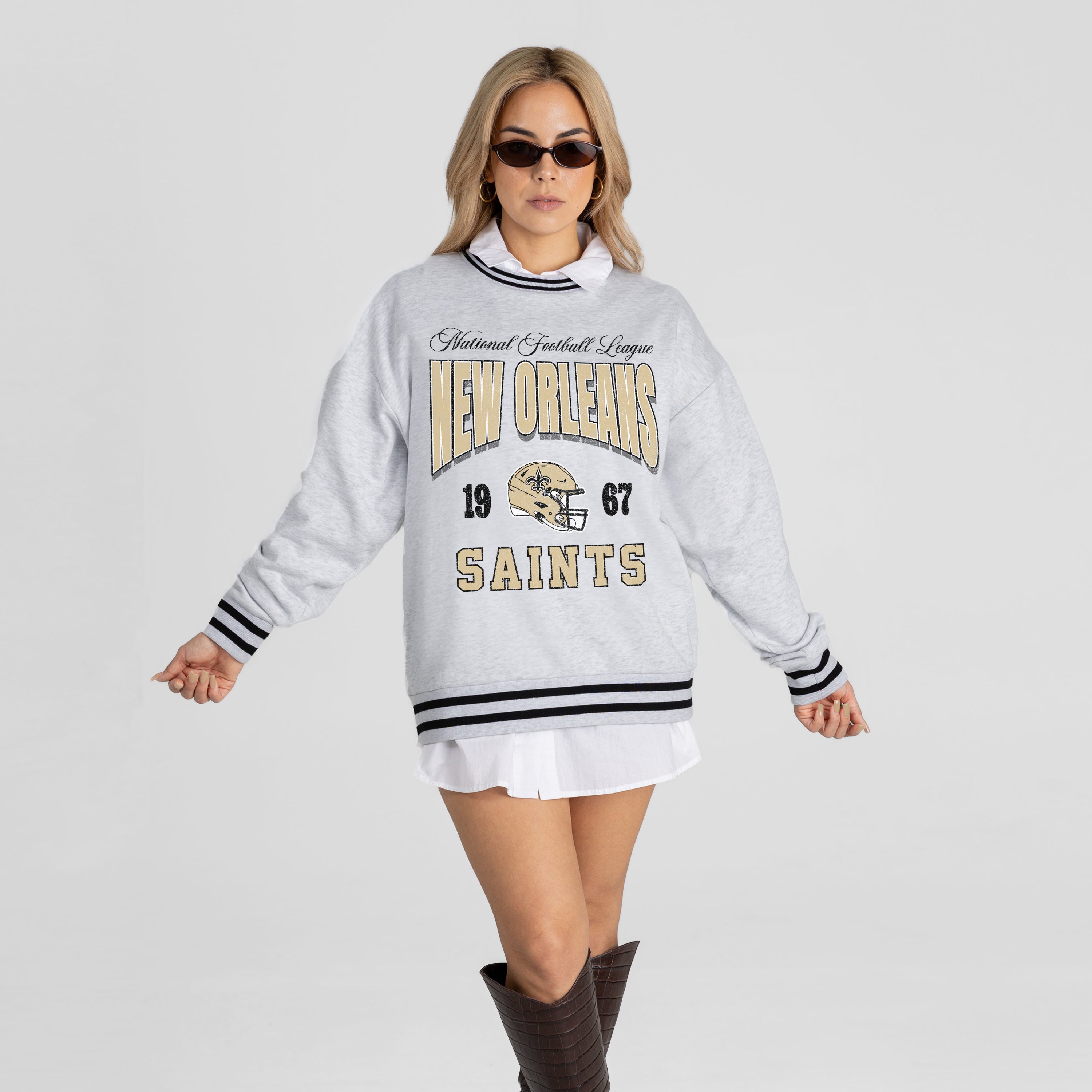 NEW ORLEANS SAINTS COOL VIBES CREW FLEECE RINGER SWEATSHIRT
