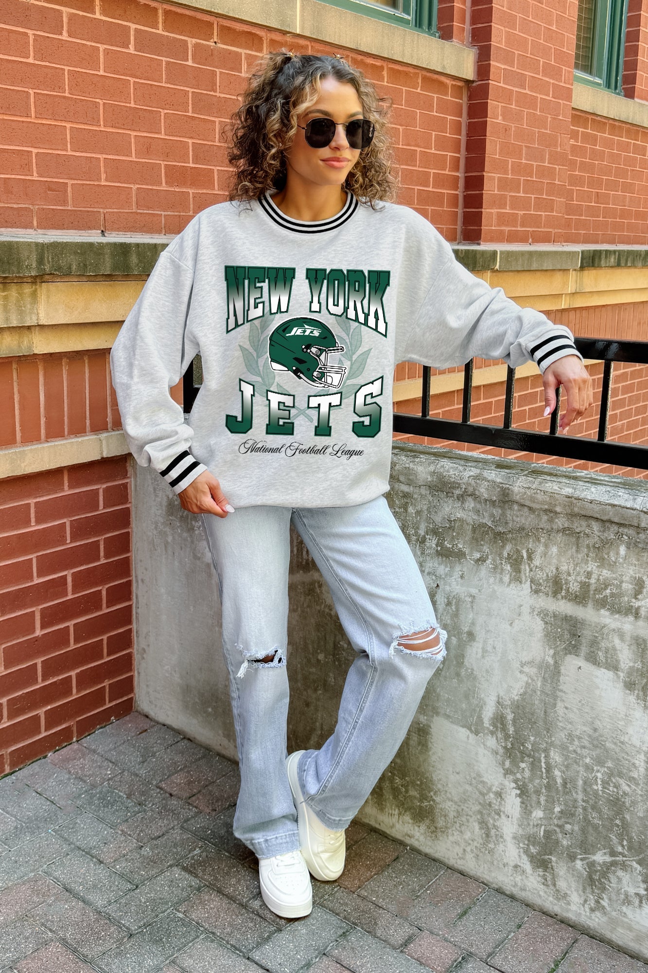 NEW YORK JETS FADE ROUTE CREW FLEECE RINGER SWEATSHIRT