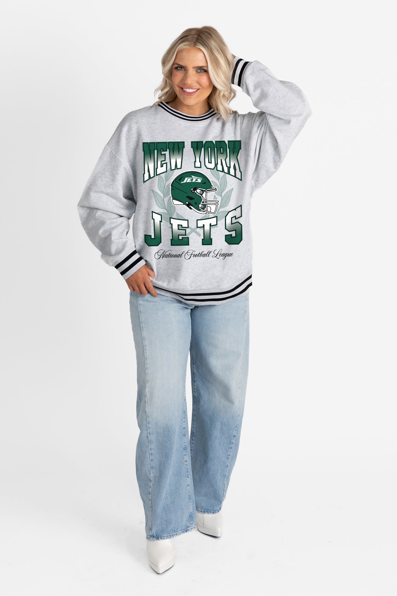 NEW YORK JETS FADE ROUTE CREW FLEECE RINGER SWEATSHIRT