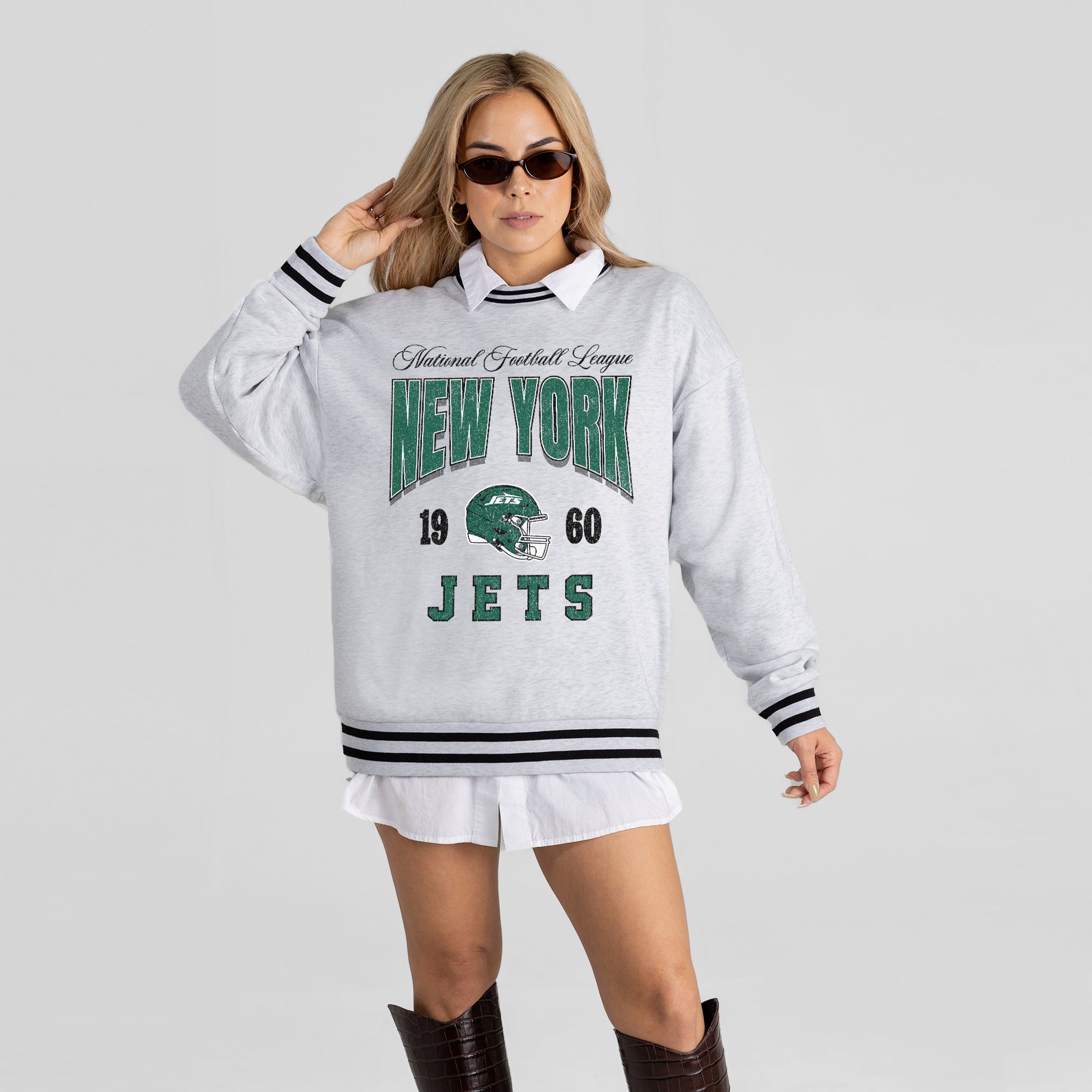 NEW YORK JETS COOL VIBES CREW FLEECE RINGER SWEATSHIRT