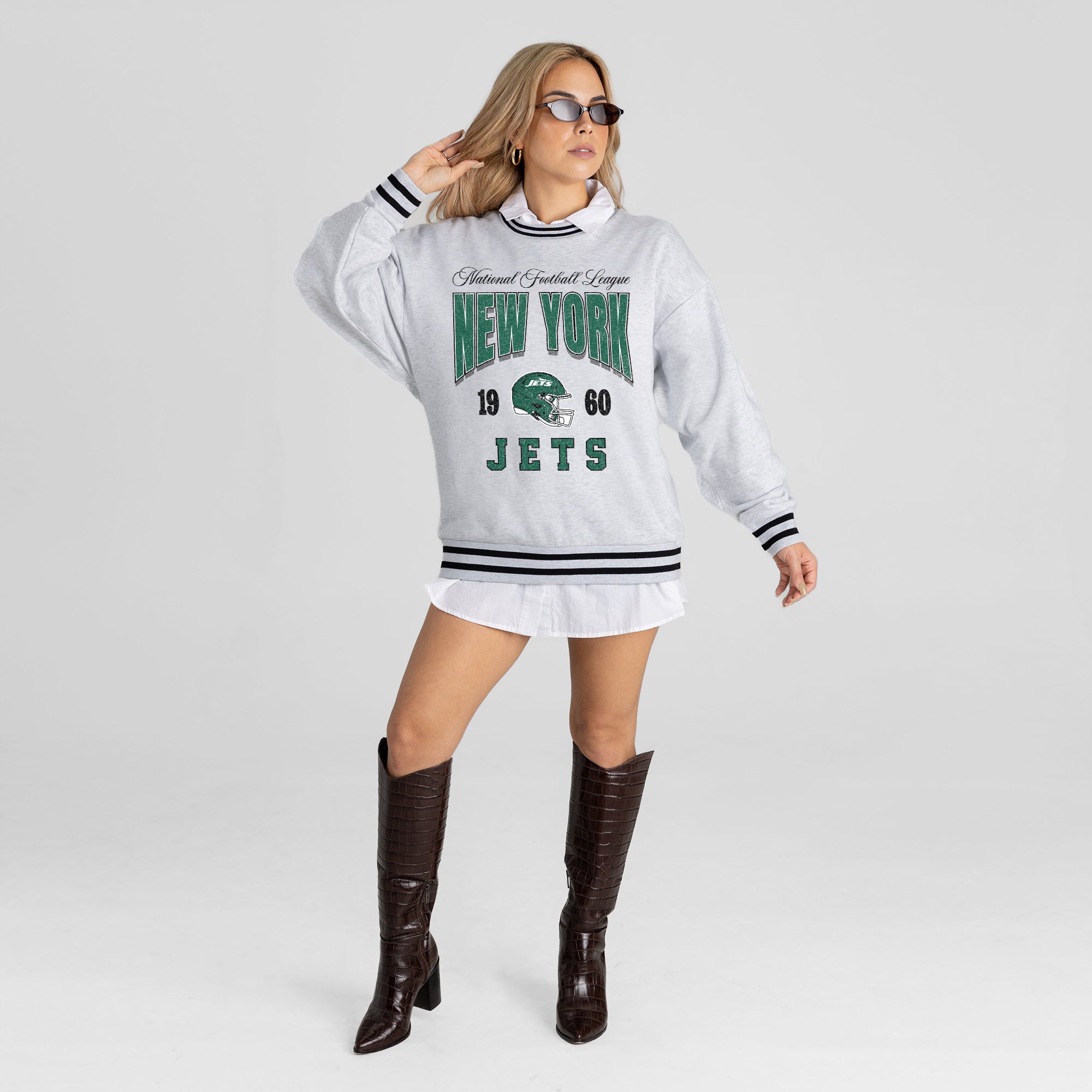 NEW YORK JETS COOL VIBES CREW FLEECE RINGER SWEATSHIRT