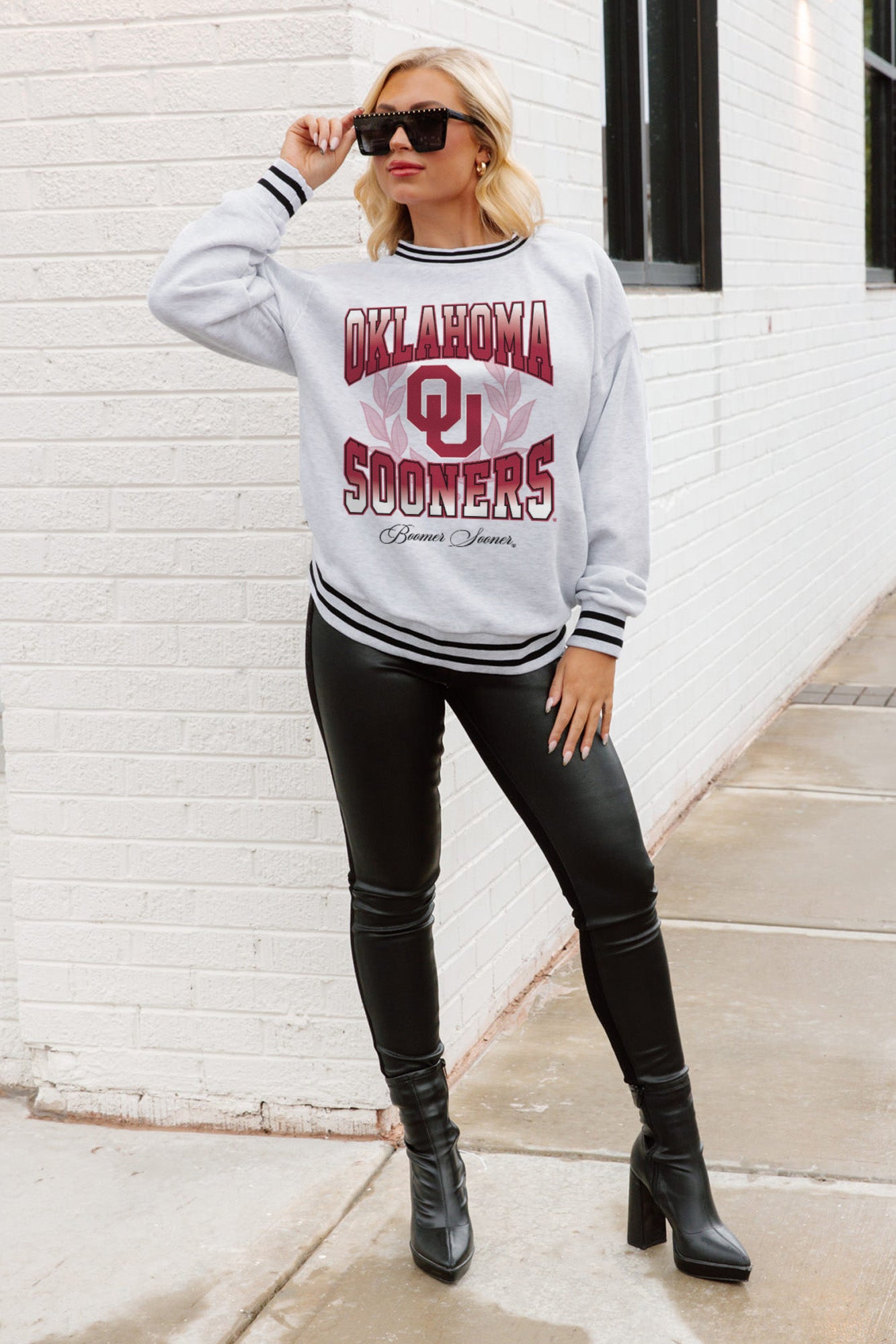 OKLAHOMA SOONERS FADE ROUTE CREW FLEECE RINGER SWEATSHIRT