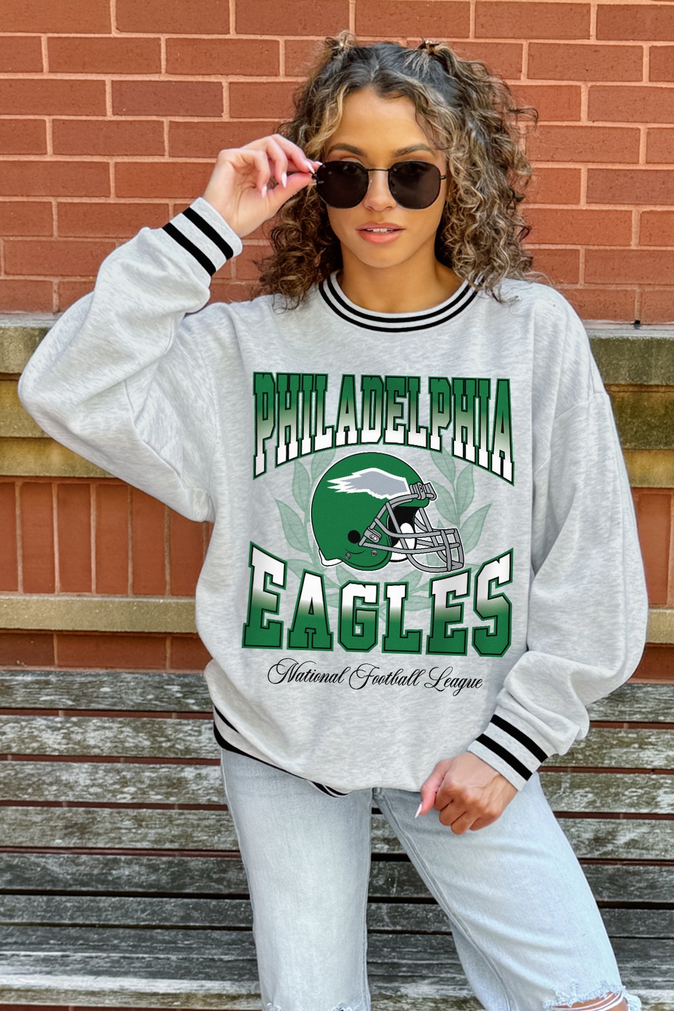 PHILADELPHIA EAGLES FADE ROUTE CREW FLEECE RINGER SWEATSHIRT