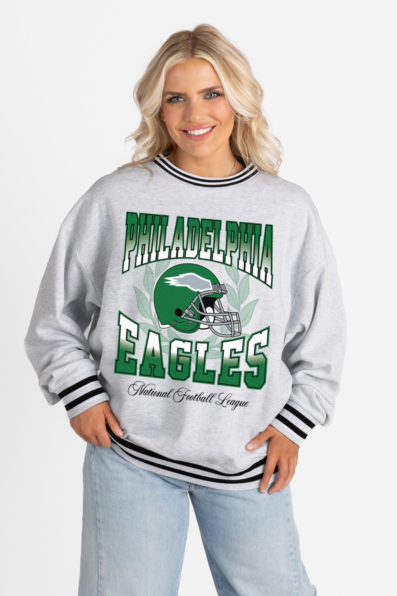 PHILADELPHIA EAGLES FADE ROUTE CREW FLEECE RINGER SWEATSHIRT