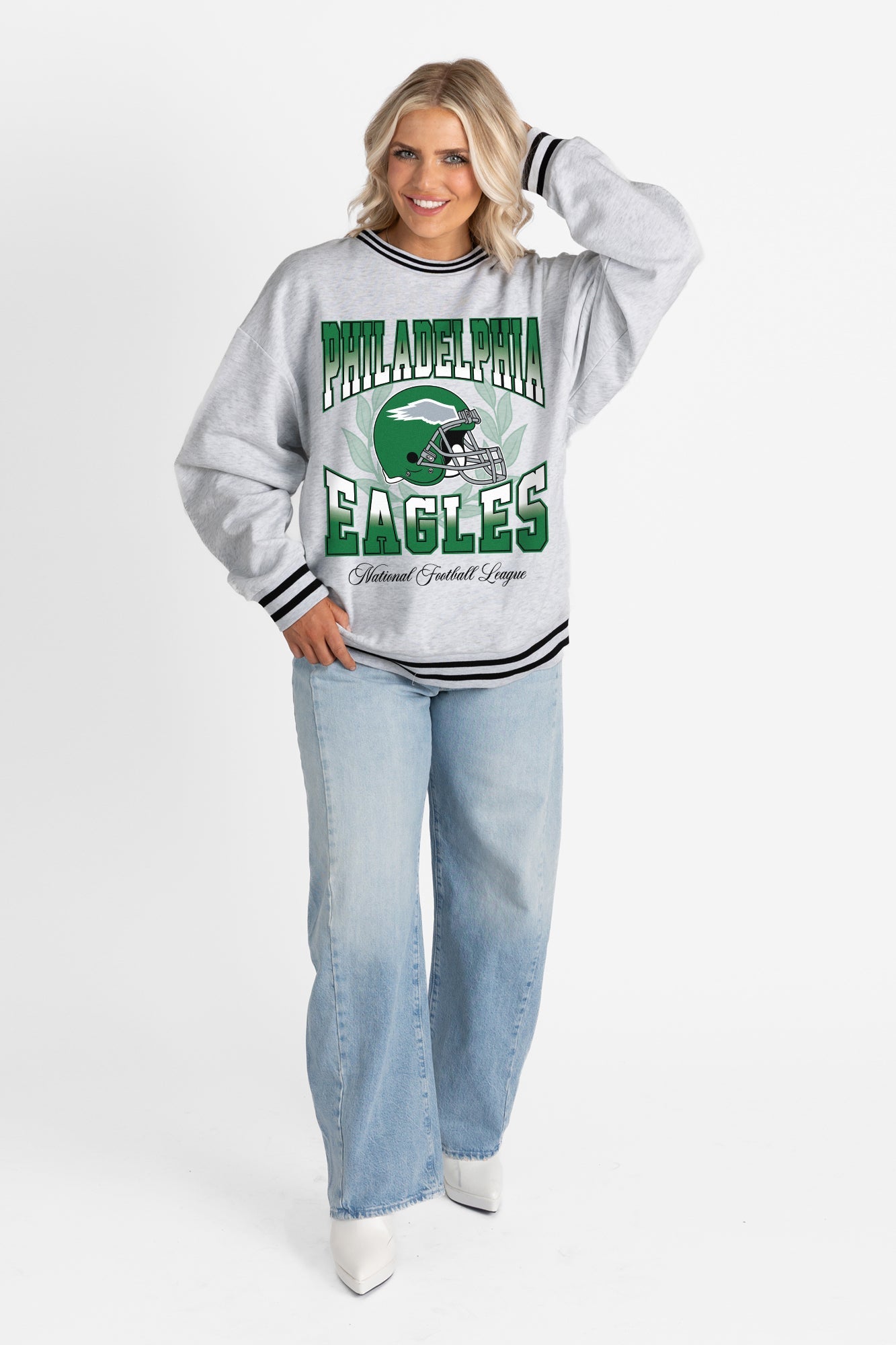 PHILADELPHIA EAGLES FADE ROUTE CREW FLEECE RINGER SWEATSHIRT