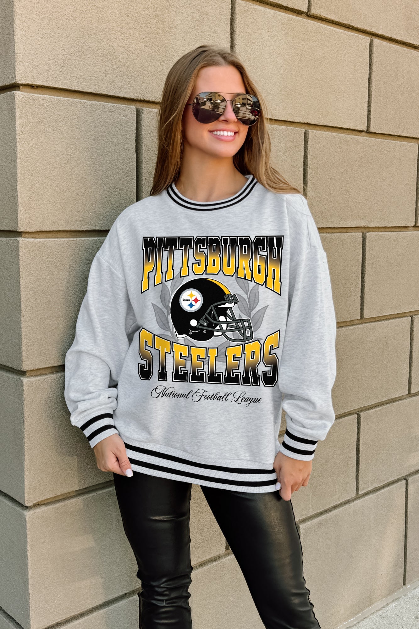 PITTSBURGH STEELERS FADE ROUTE CREW FLEECE RINGER SWEATSHIRT