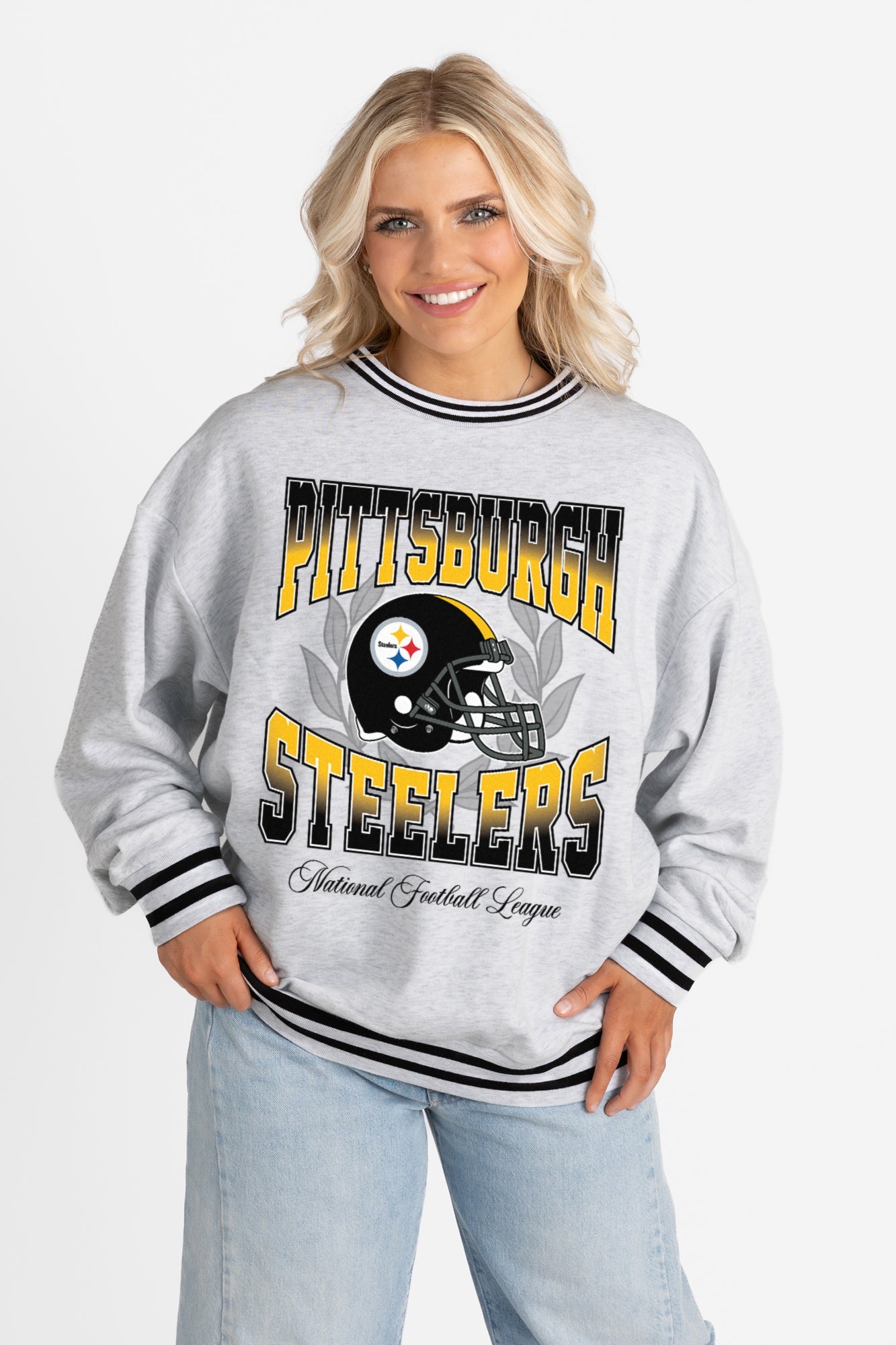 PITTSBURGH STEELERS FADE ROUTE CREW FLEECE RINGER SWEATSHIRT