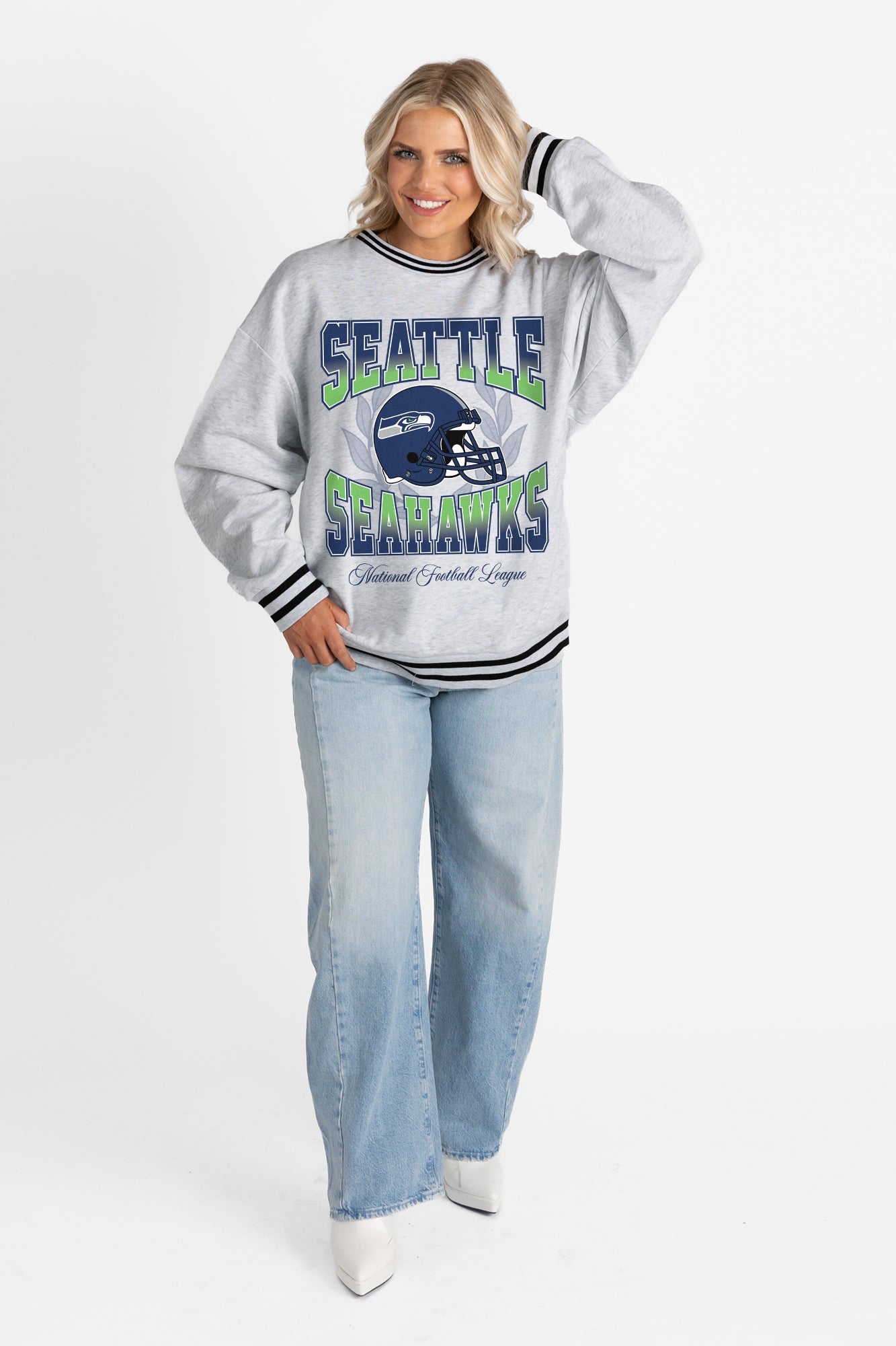 SEATTLE SEAHAWKS FADE ROUTE CREW FLEECE RINGER SWEATSHIRT