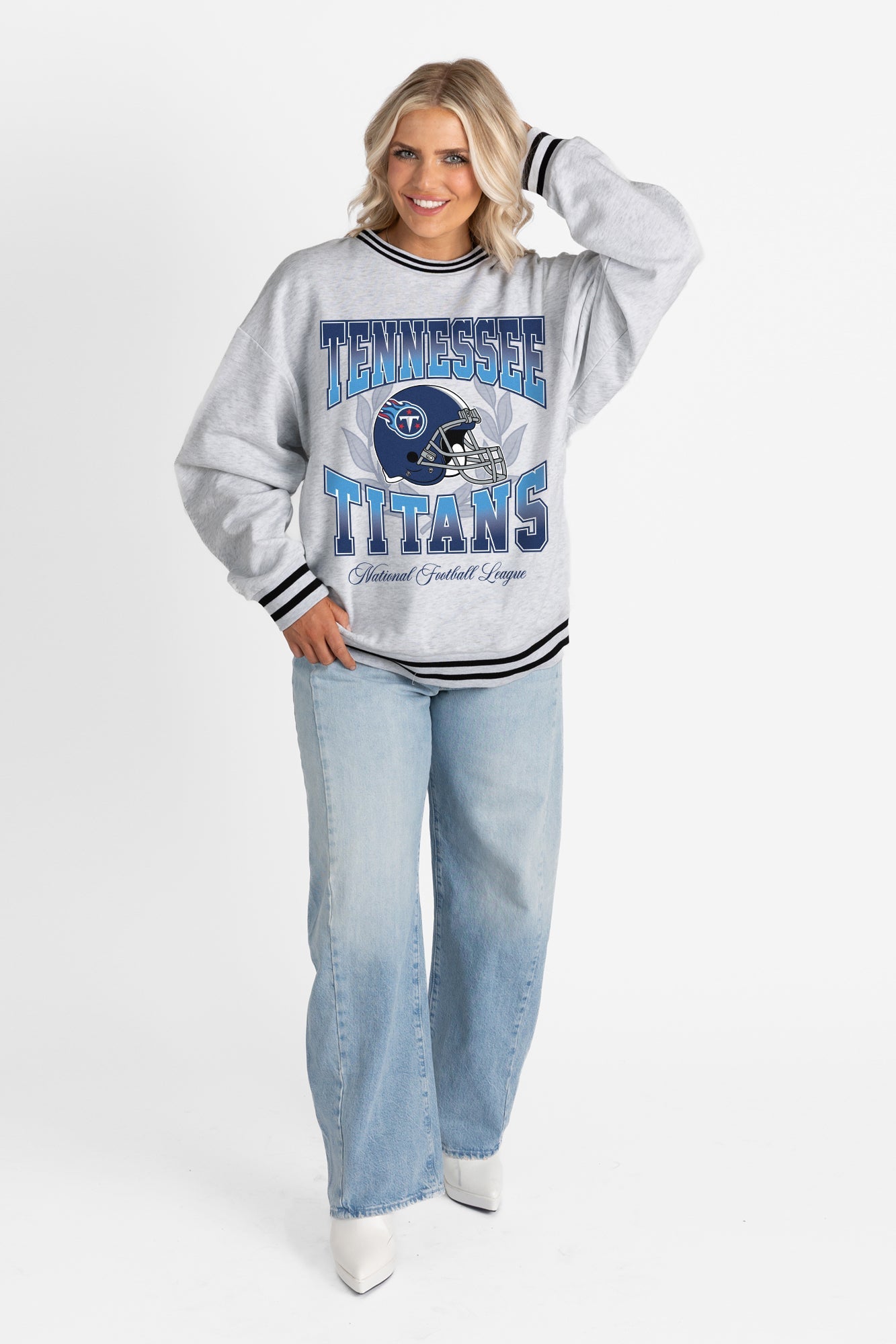 TENNESSEE TITANS FADE ROUTE CREW FLEECE RINGER SWEATSHIRT