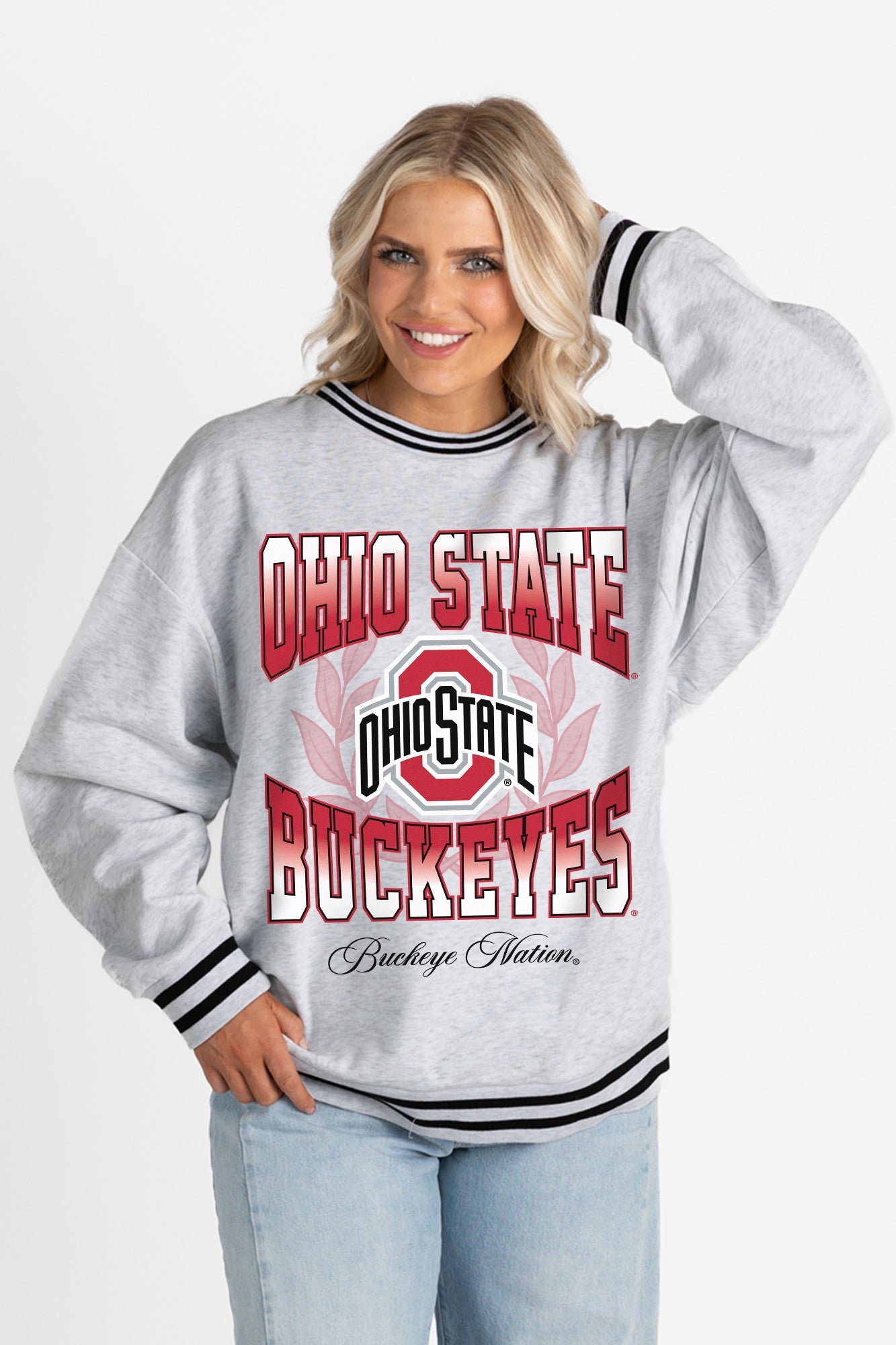 OHIO STATE BUCKEYES FADE ROUTE CREW FLEECE RINGER SWEATSHIRT