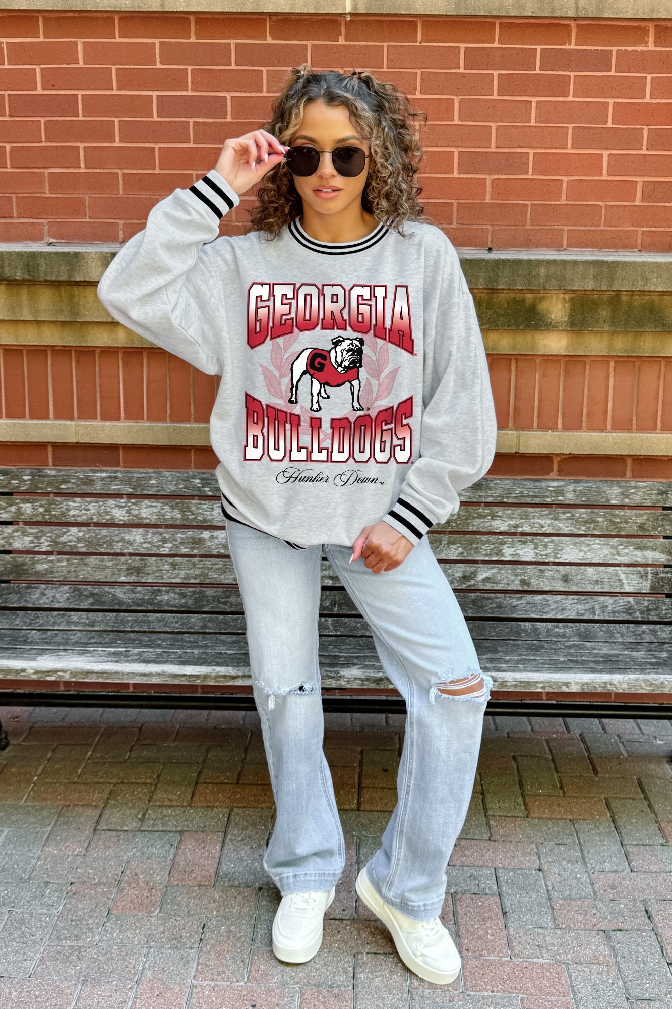 GEORGIA BULLDOGS FADE ROUTE CREW FLEECE RINGER SWEATSHIRT