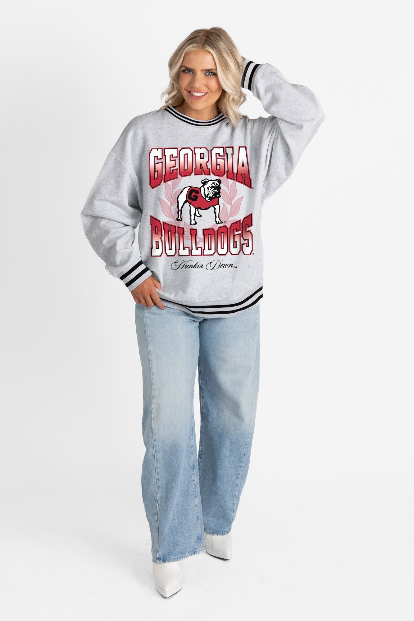 GEORGIA BULLDOGS FADE ROUTE CREW FLEECE RINGER SWEATSHIRT