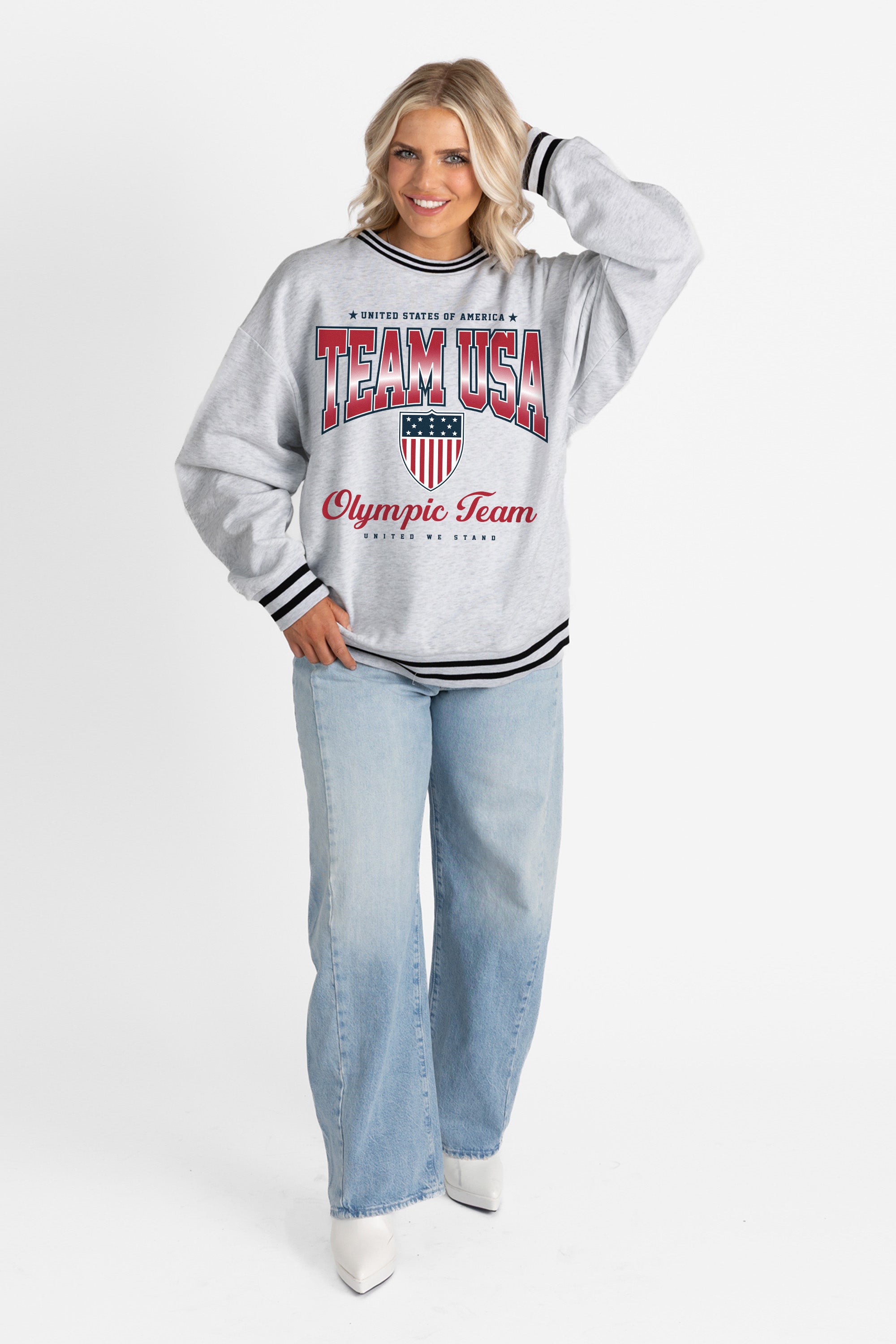 TEAM USA VICTORY STRIPE CREW FLEECE RINGER STRIPE SWEATSHIRT