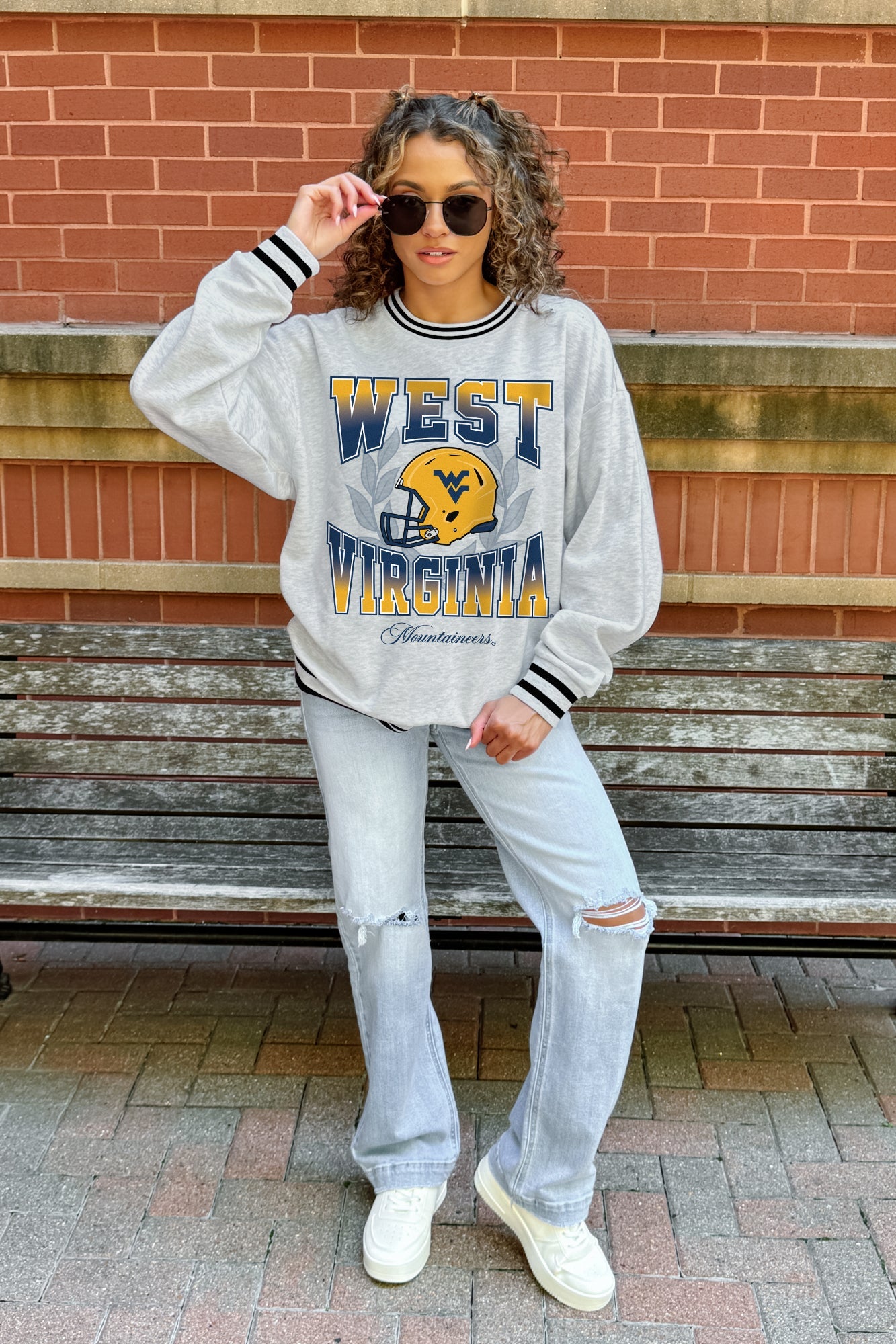 WEST VIRGINIA MOUNTAINEERS FADE ROUTE CREW FLEECE RINGER SWEATSHIRT