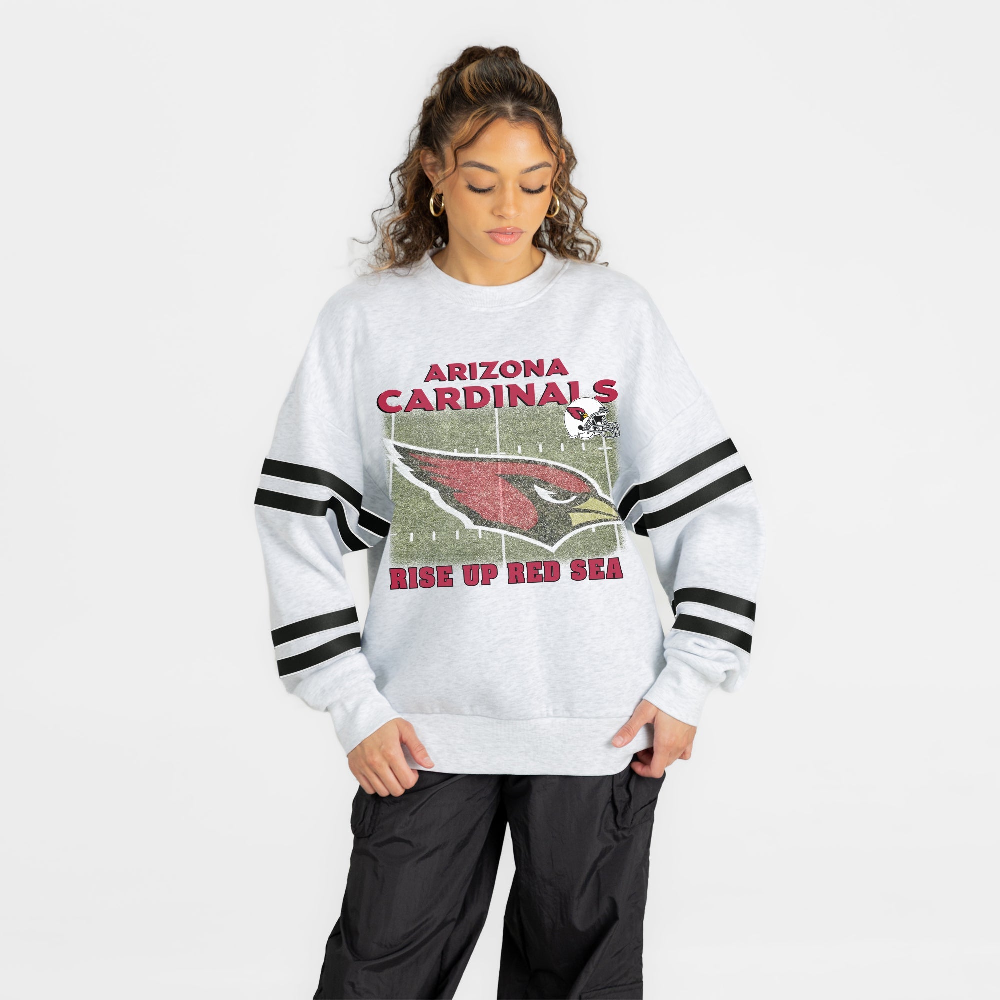 ARIZONA CARDINALS OFF THE GRID STRIPE SLEEVE CREWNECK SWEATSHIRT
