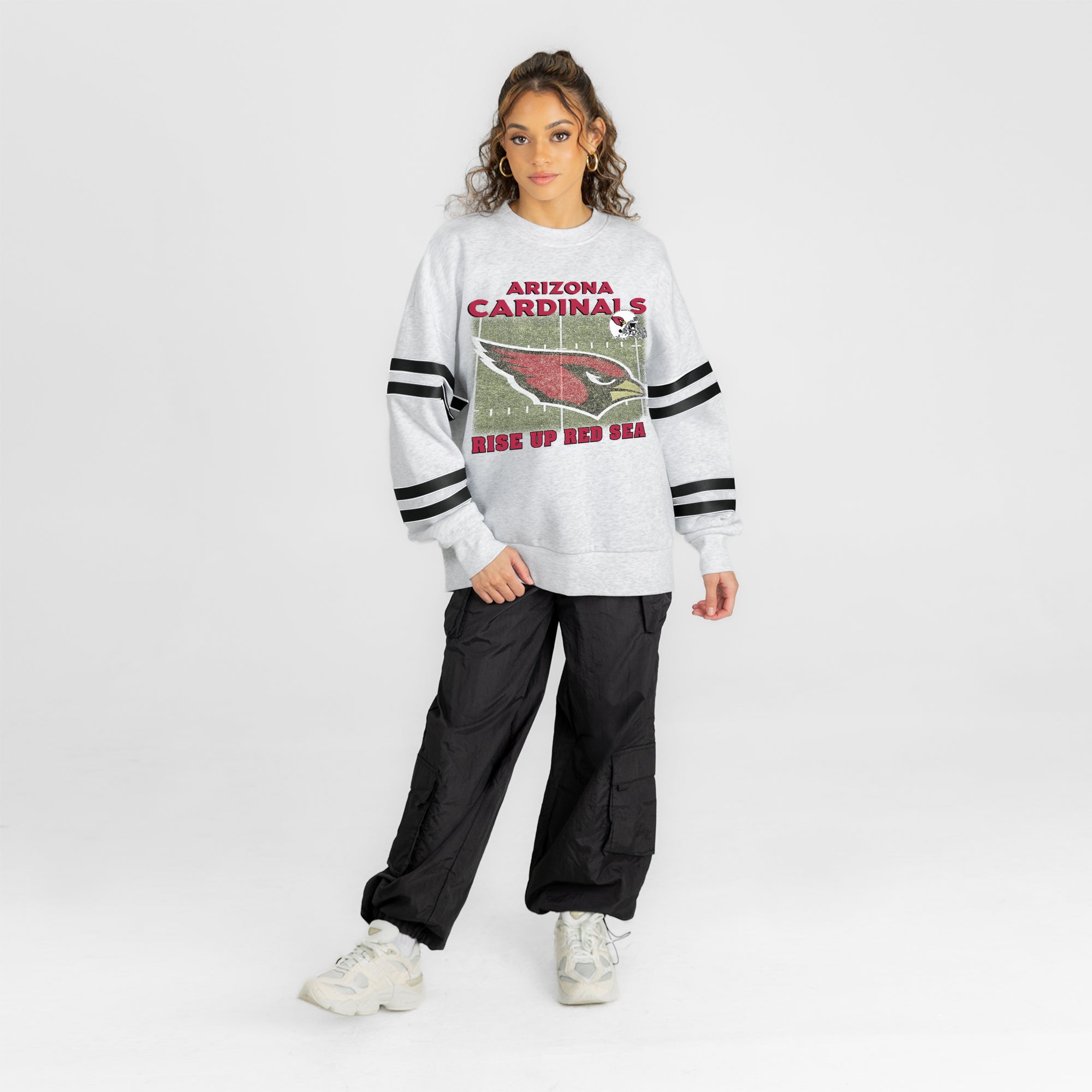 ARIZONA CARDINALS OFF THE GRID STRIPE SLEEVE CREWNECK SWEATSHIRT