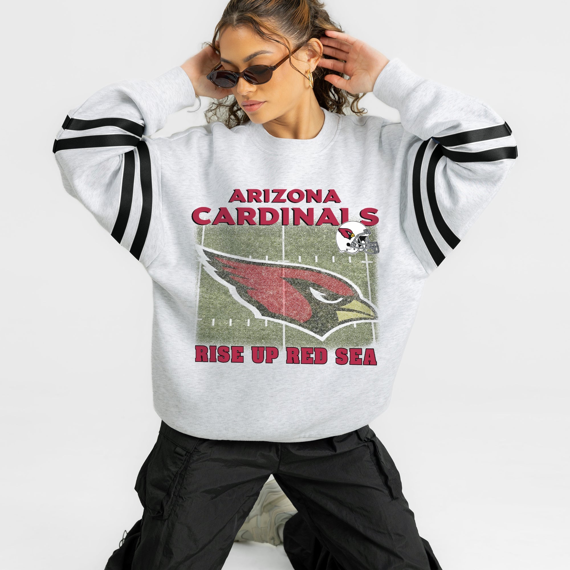 ARIZONA CARDINALS OFF THE GRID STRIPE SLEEVE CREWNECK SWEATSHIRT
