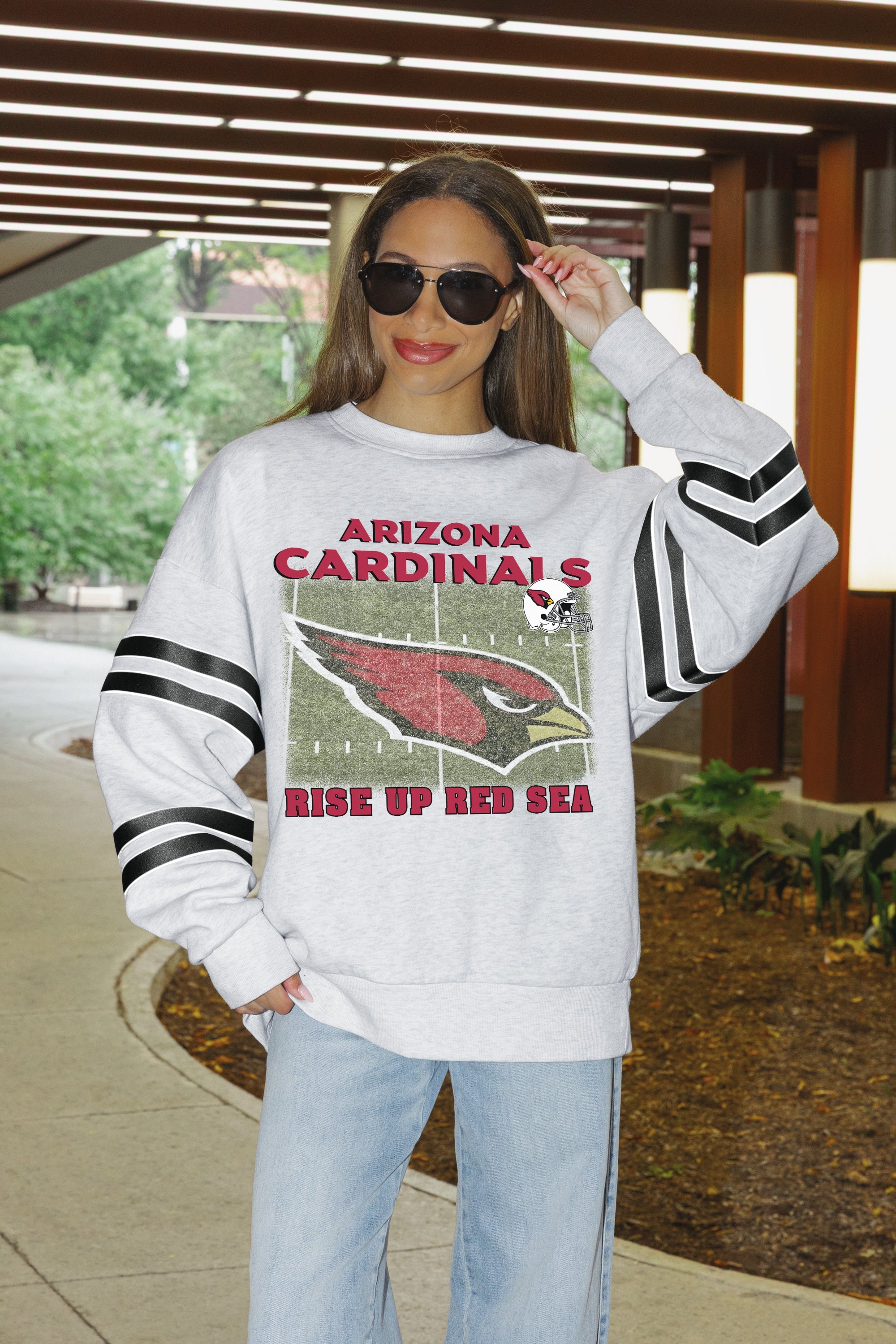 ARIZONA CARDINALS OFF THE GRID STRIPE SLEEVE CREWNECK SWEATSHIRT