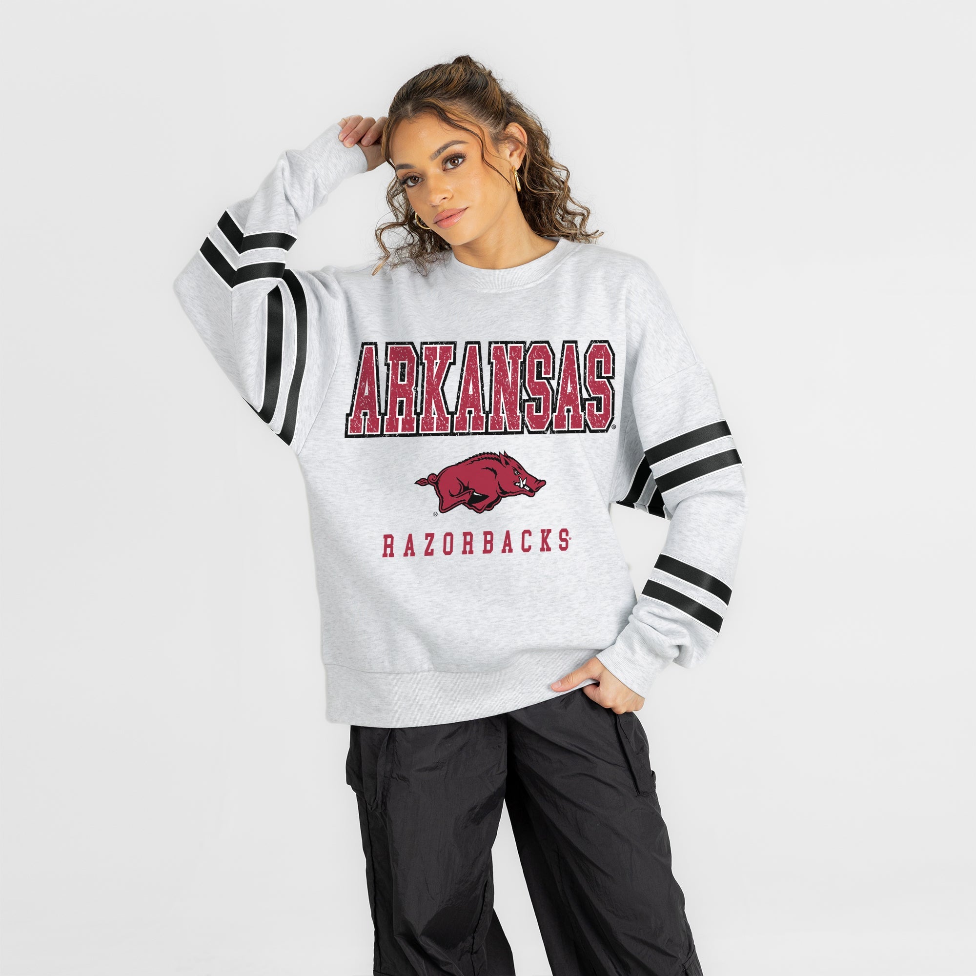 ARKANSAS RAZORBACKS STADIUM STRIPES STRIPE SLEEVE CREWNECK SWEATSHIRT