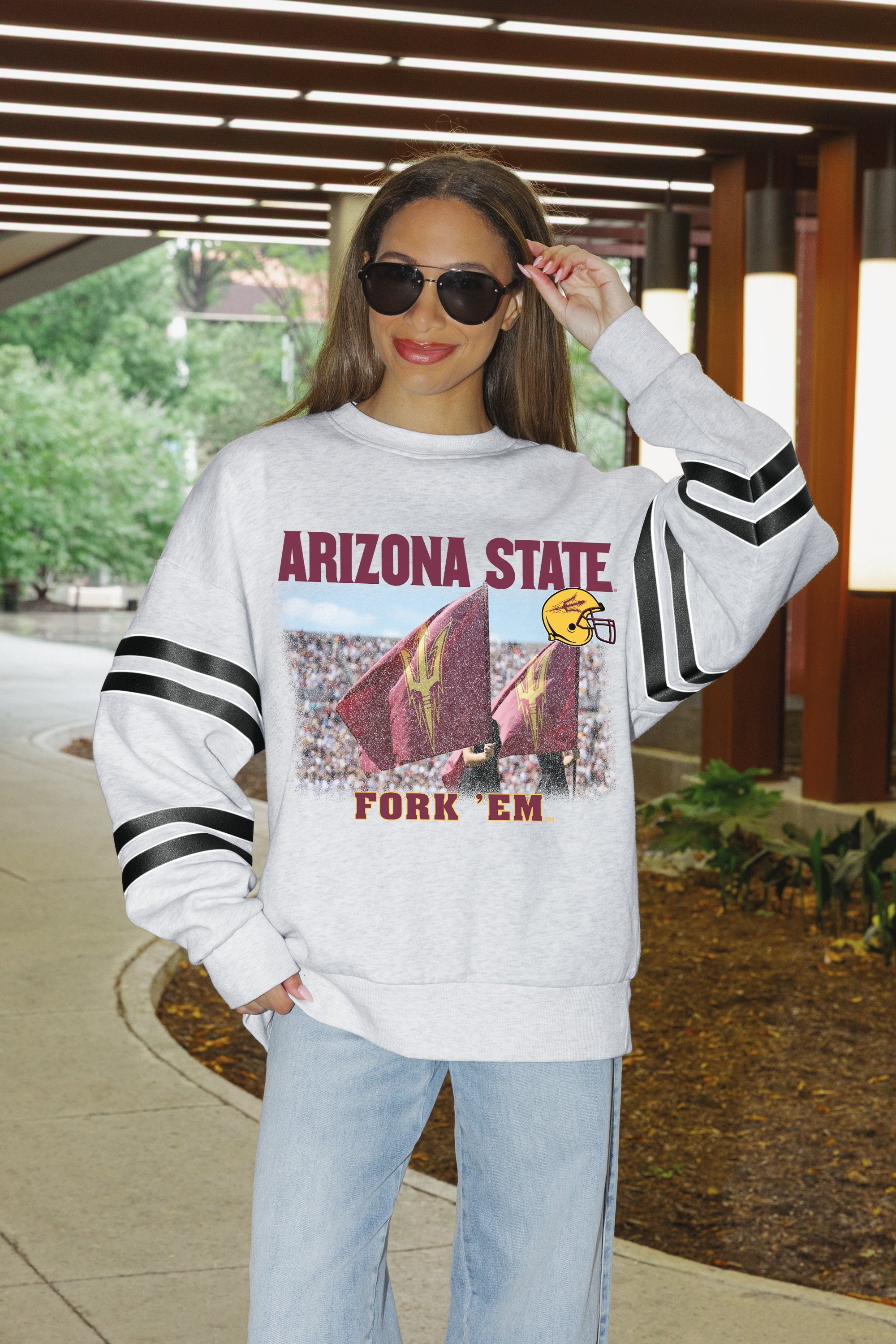 ARIZONA STATE SUN DEVILS OFF THE GRID STRIPE SLEEVE CREWNECK SWEATSHIRT