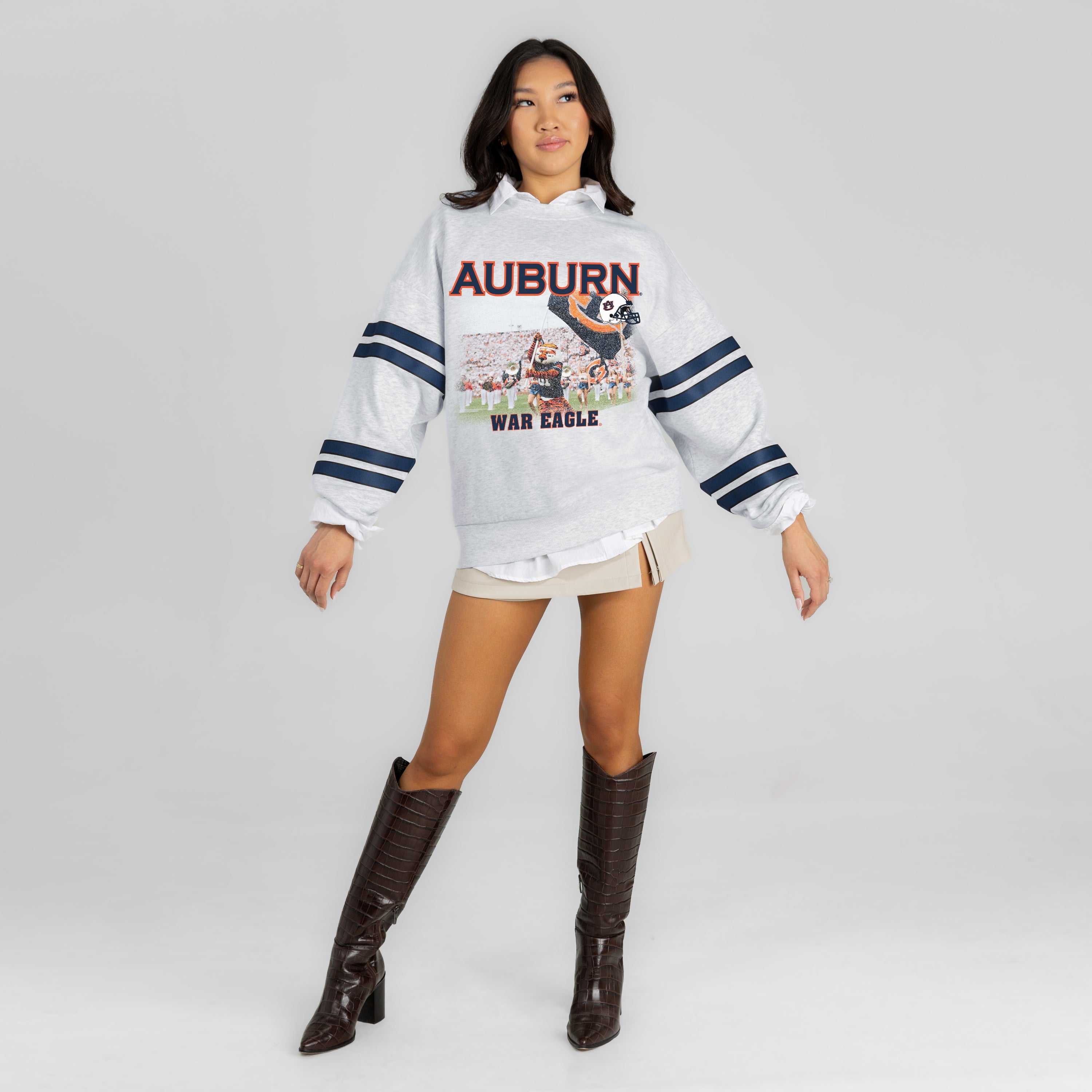 AUBURN TIGERS OFF THE GRID STRIPE SLEEVE CREWNECK SWEATSHIRT