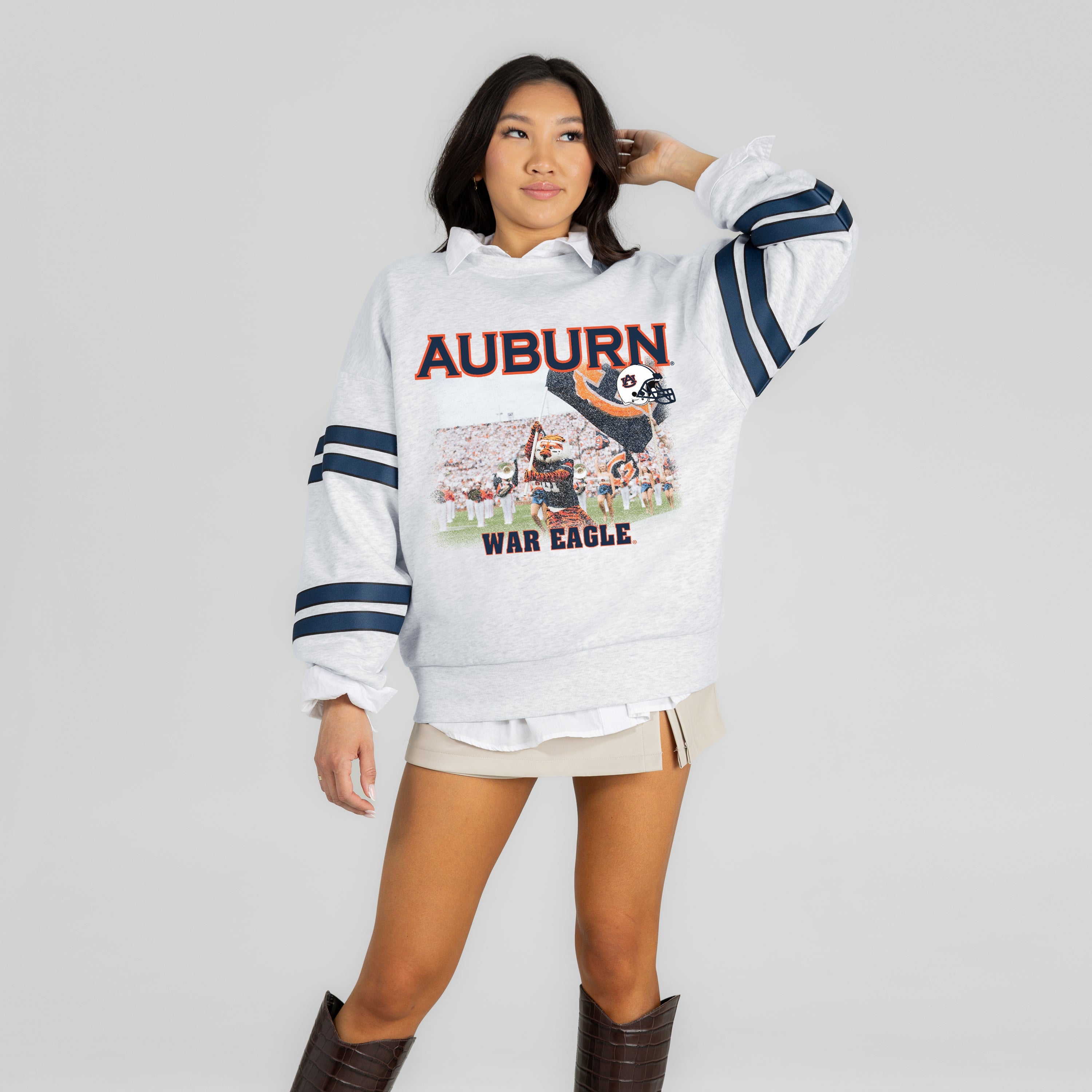 AUBURN TIGERS OFF THE GRID STRIPE SLEEVE CREWNECK SWEATSHIRT