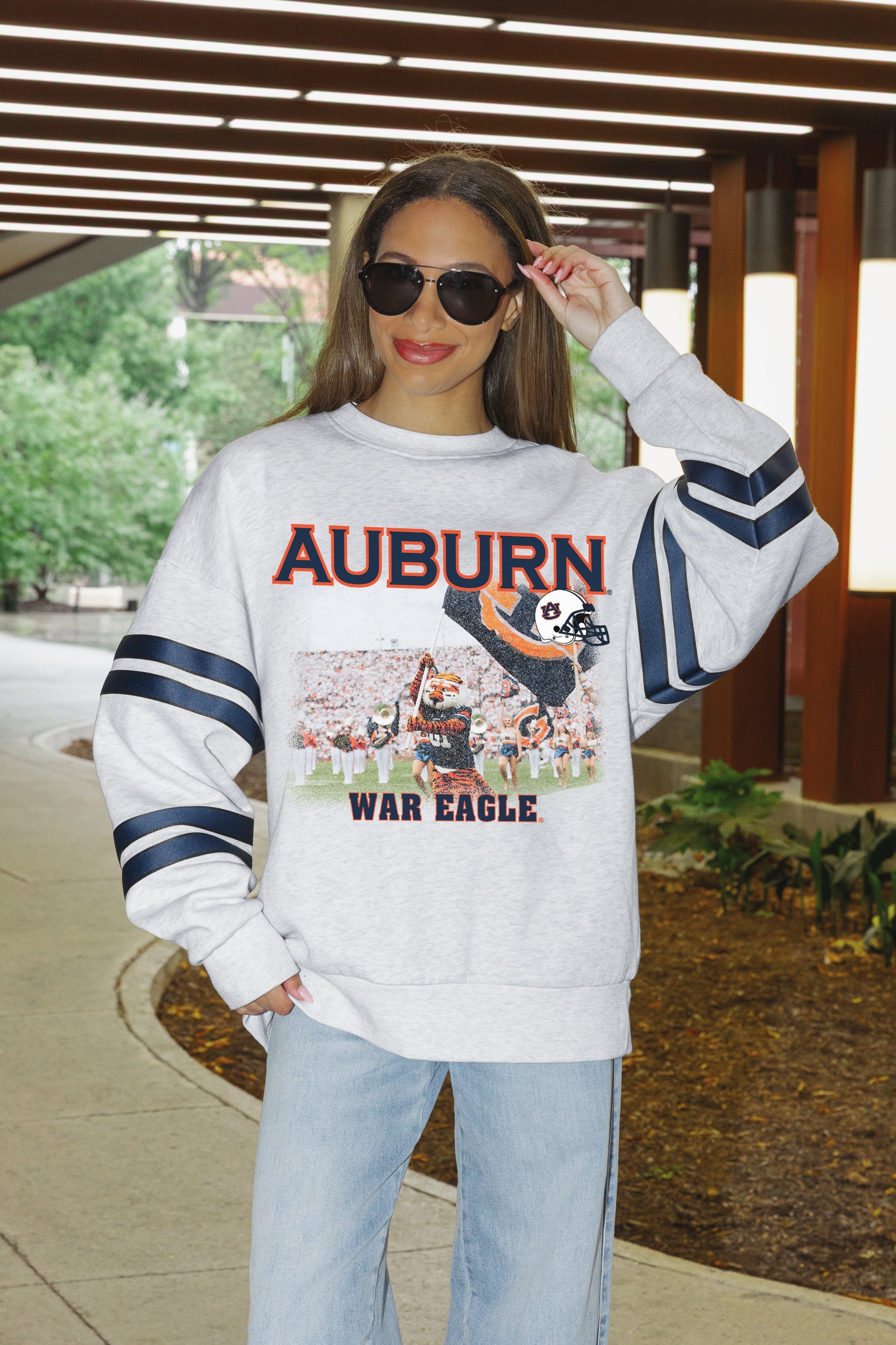 AUBURN TIGERS OFF THE GRID STRIPE SLEEVE CREWNECK SWEATSHIRT