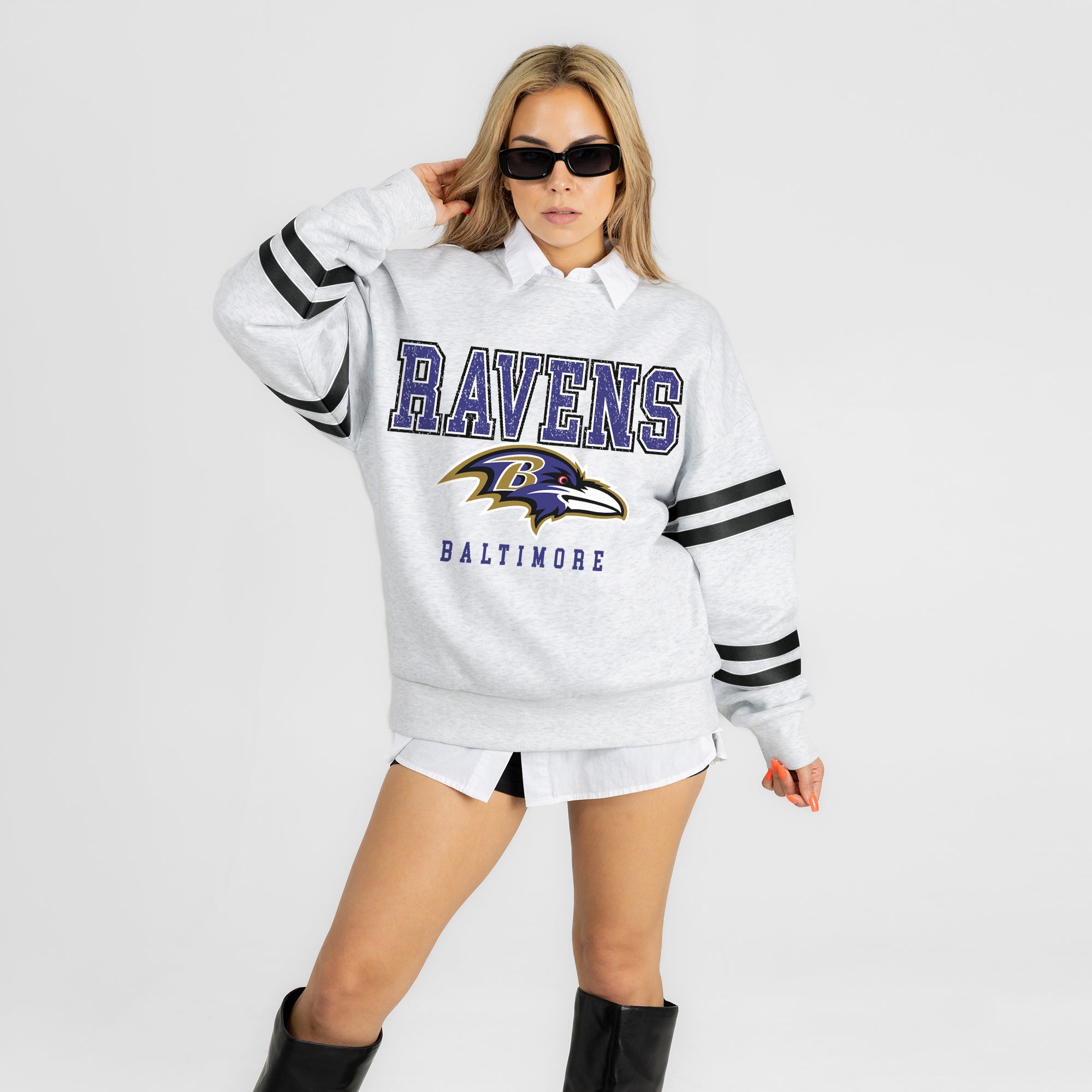 BALTIMORE RAVENS STADIUM STRIPES STRIPE SLEEVE CREWNECK SWEATSHIRT