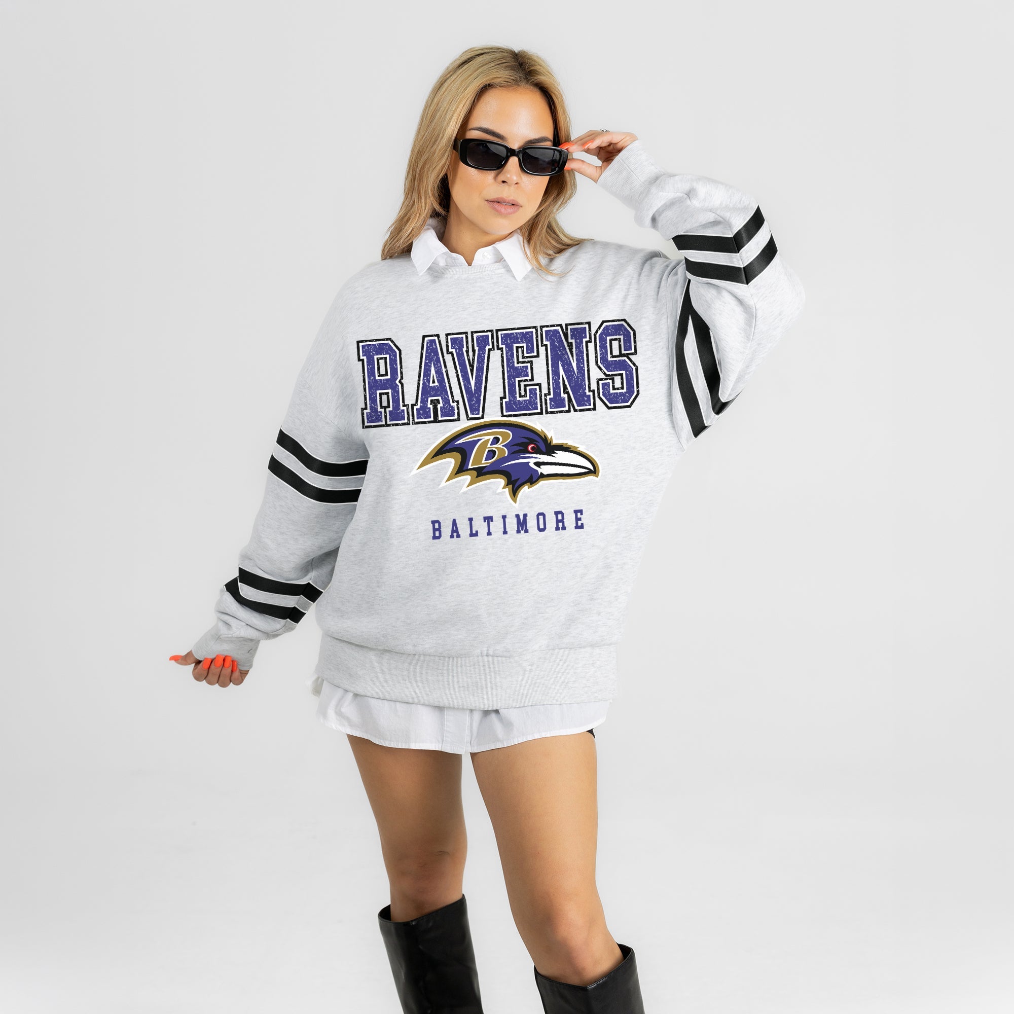 BALTIMORE RAVENS STADIUM STRIPES STRIPE SLEEVE CREWNECK SWEATSHIRT