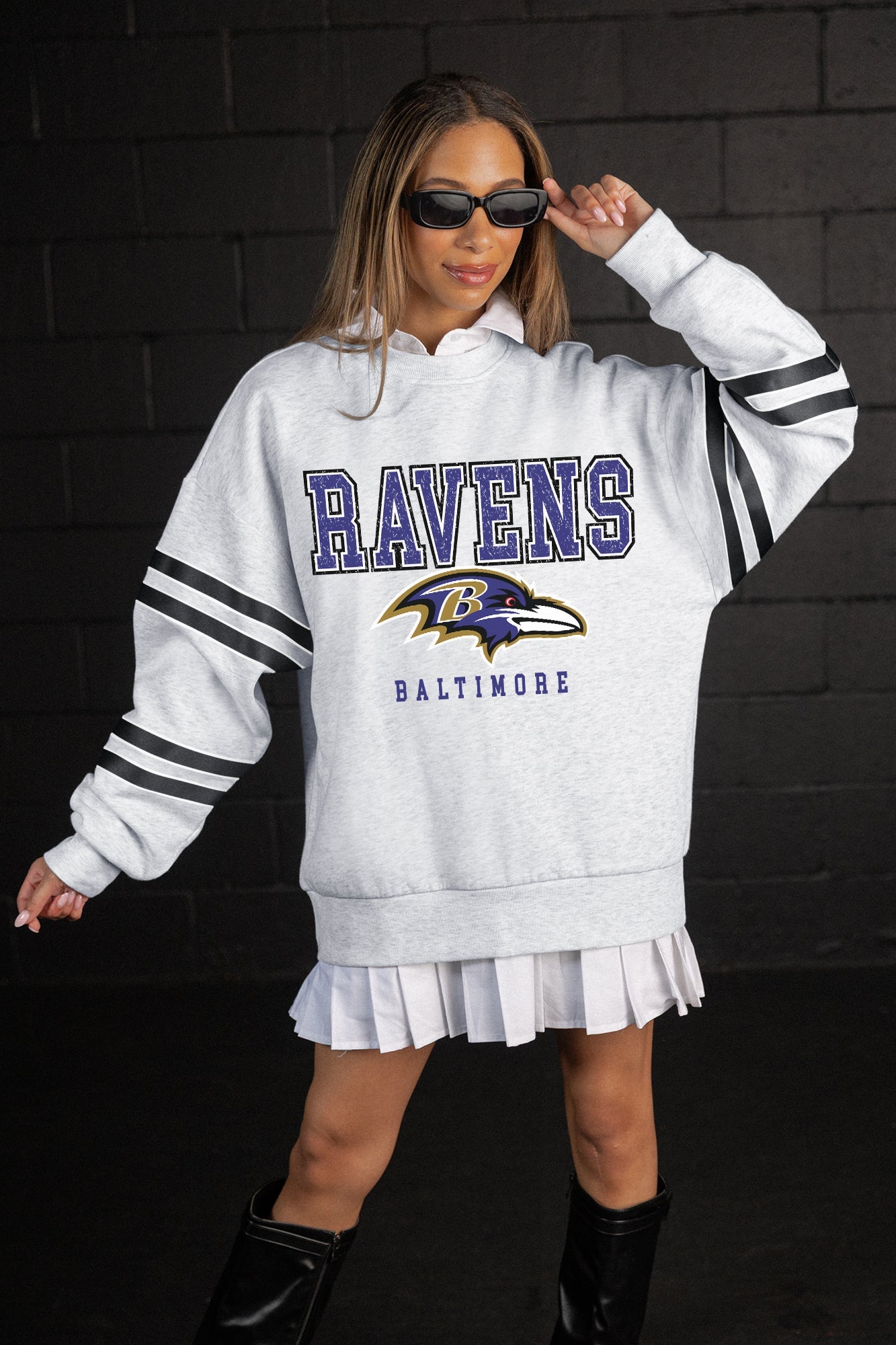 BALTIMORE RAVENS STADIUM STRIPES STRIPE SLEEVE CREWNECK SWEATSHIRT