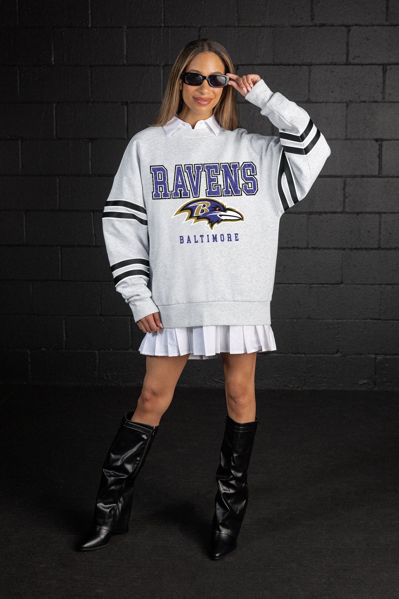 BALTIMORE RAVENS STADIUM STRIPES STRIPE SLEEVE CREWNECK SWEATSHIRT