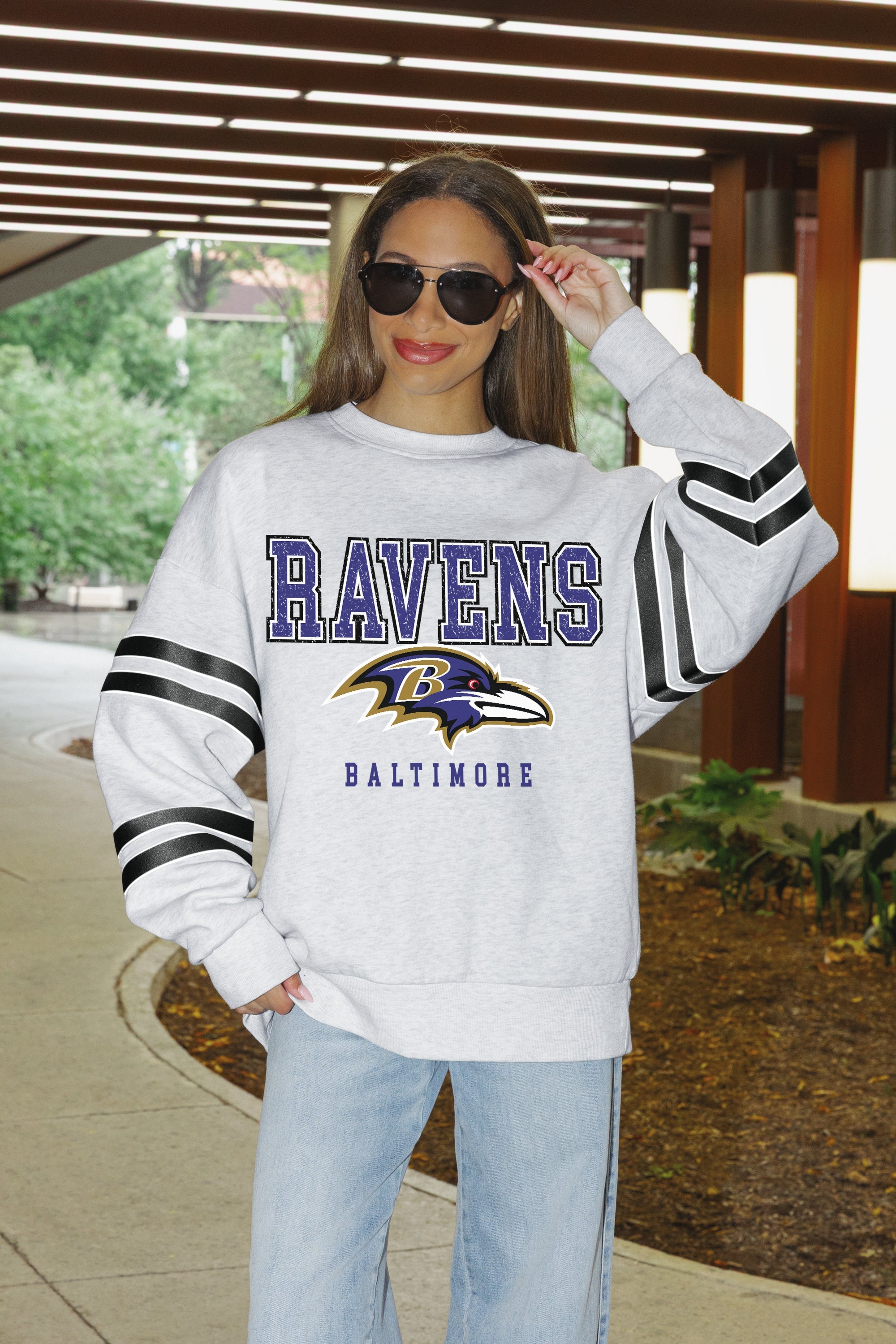 BALTIMORE RAVENS STADIUM STRIPES STRIPE SLEEVE CREWNECK SWEATSHIRT