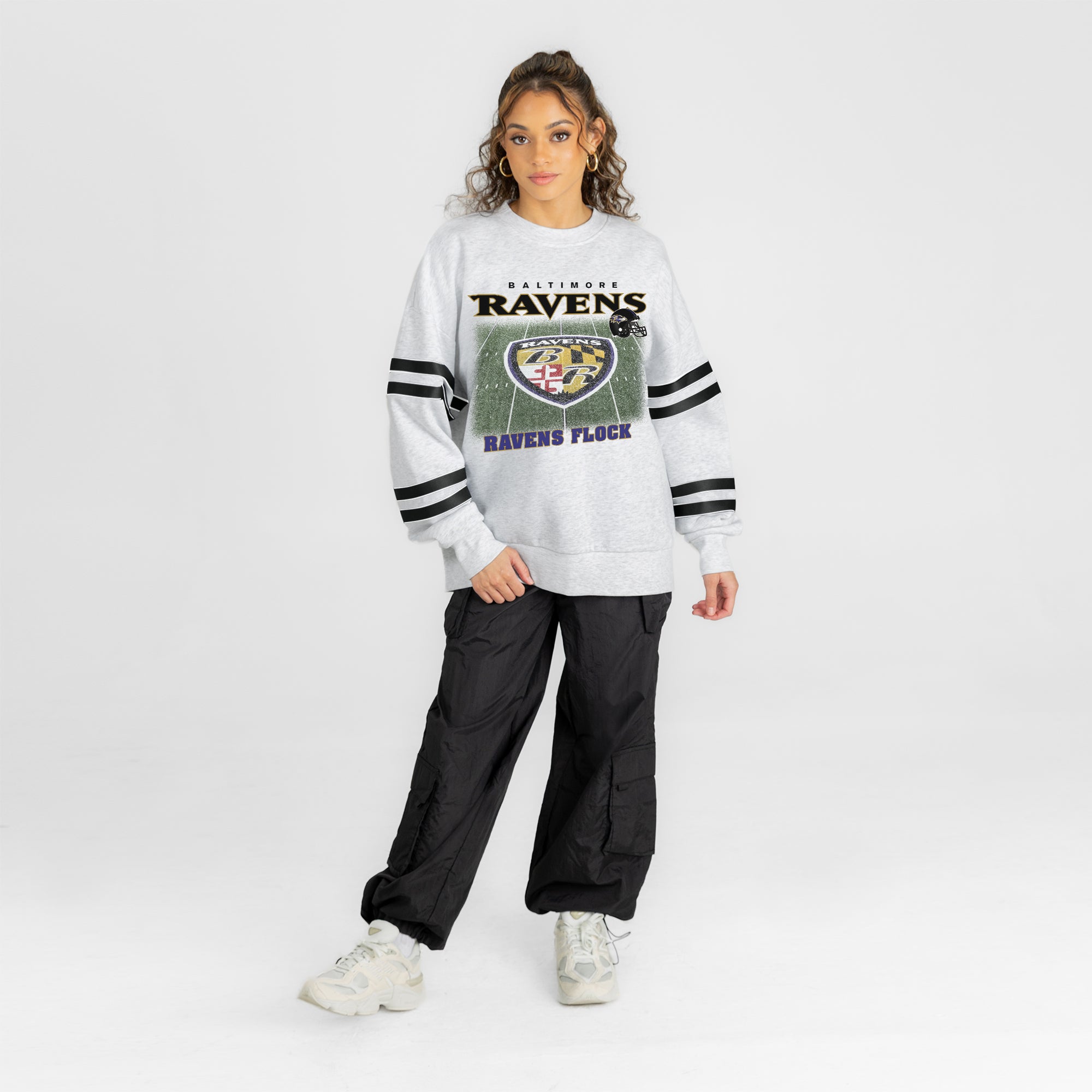 BALTIMORE RAVENS OFF THE GRID STRIPE SLEEVE CREWNECK SWEATSHIRT
