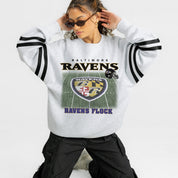 BALTIMORE RAVENS OFF THE GRID STRIPE SLEEVE CREWNECK SWEATSHIRT