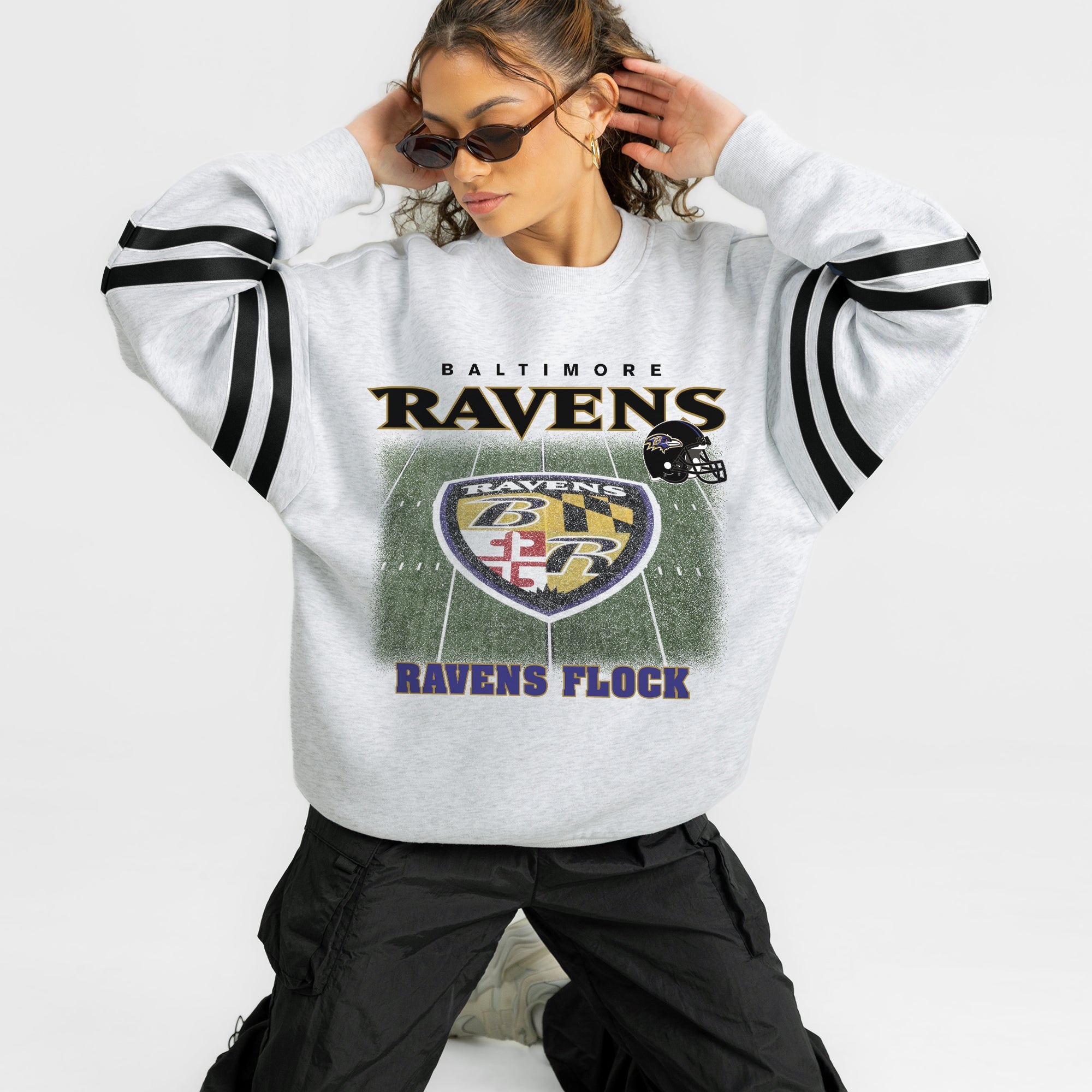 BALTIMORE RAVENS OFF THE GRID STRIPE SLEEVE CREWNECK SWEATSHIRT