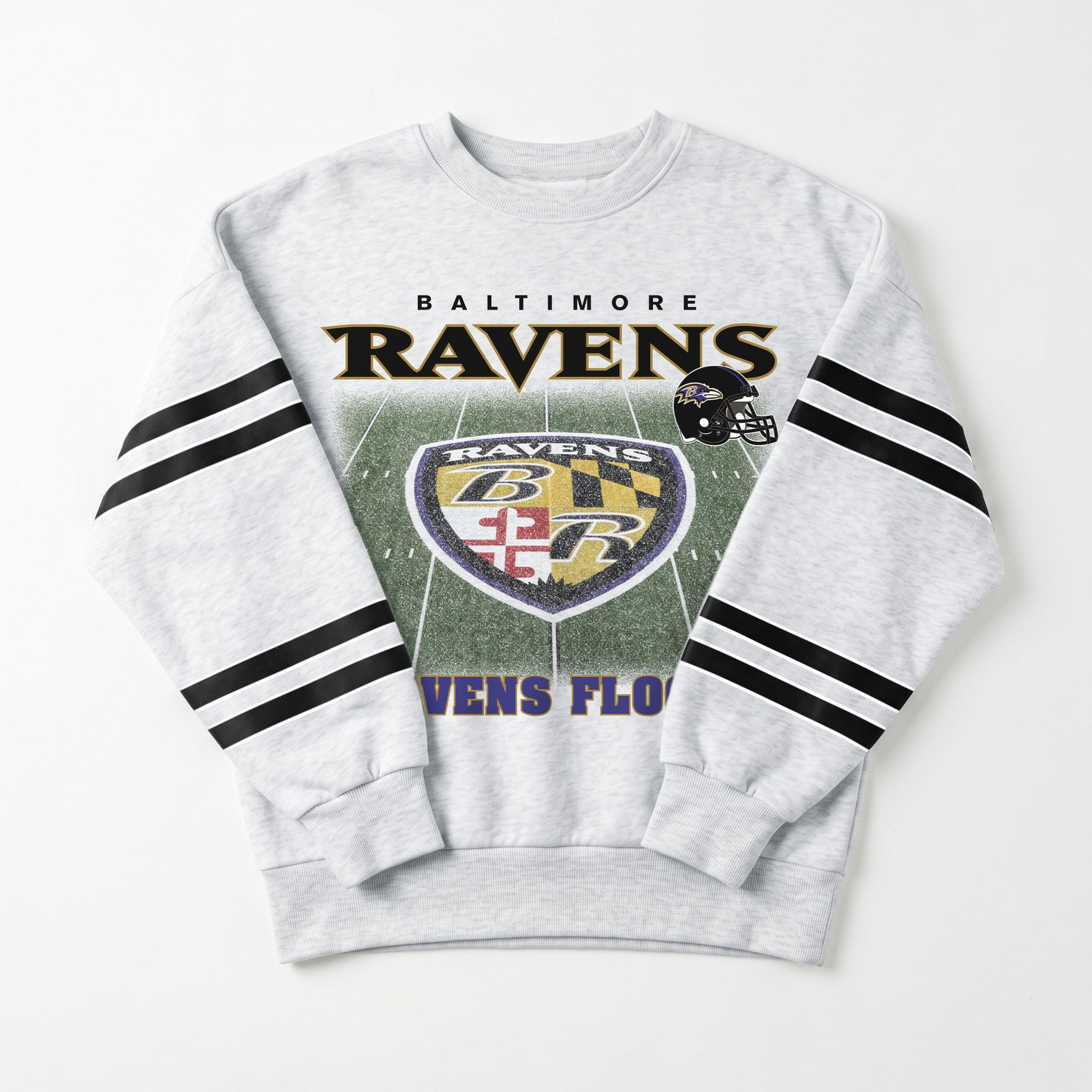BALTIMORE RAVENS OFF THE GRID STRIPE SLEEVE CREWNECK SWEATSHIRT