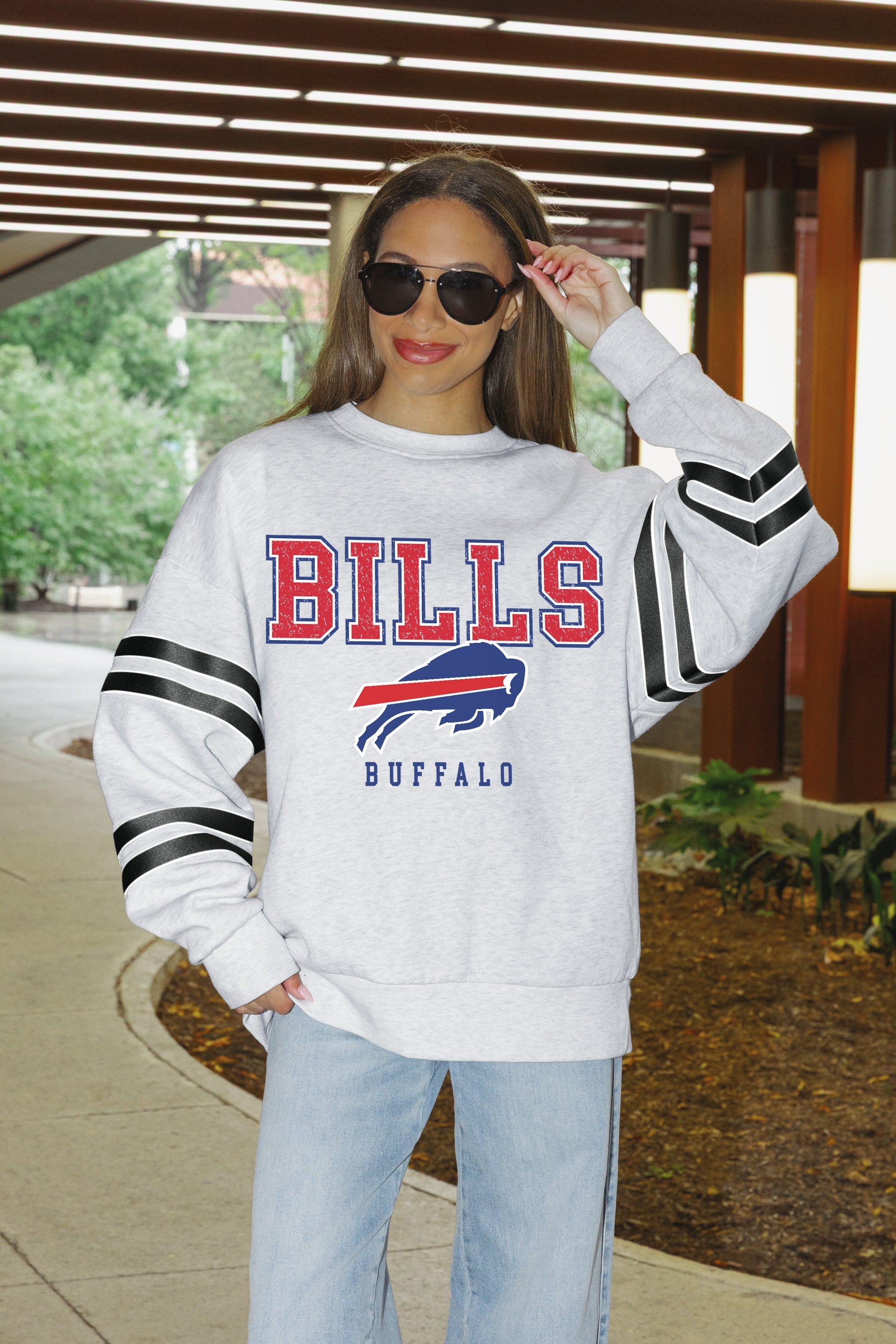 BUFFALO BILLS STADIUM STRIPES STRIPE SLEEVE CREWNECK SWEATSHIRT