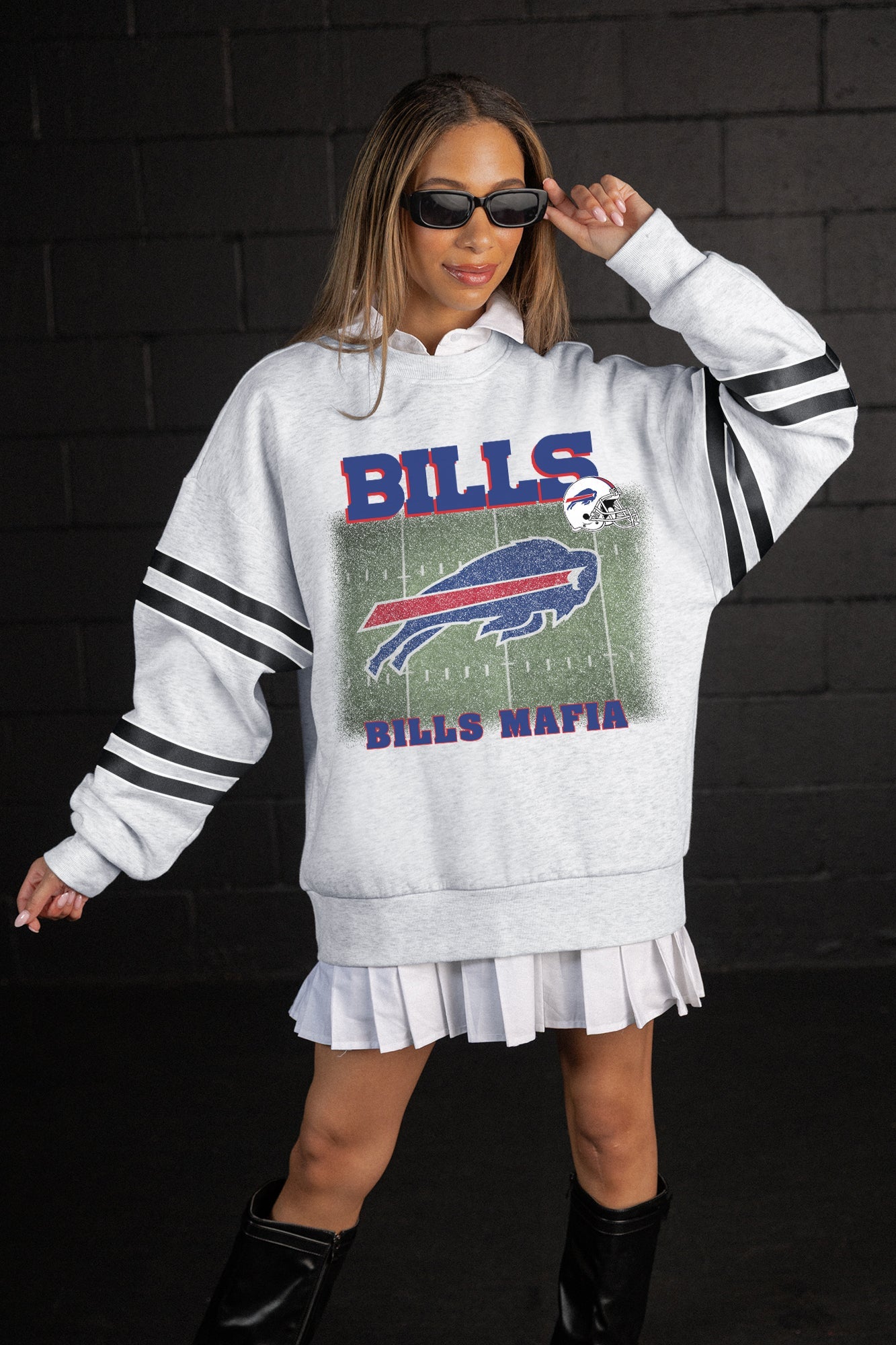 BUFFALO BILLS OFF THE GRID STRIPE SLEEVE CREWNECK SWEATSHIRT