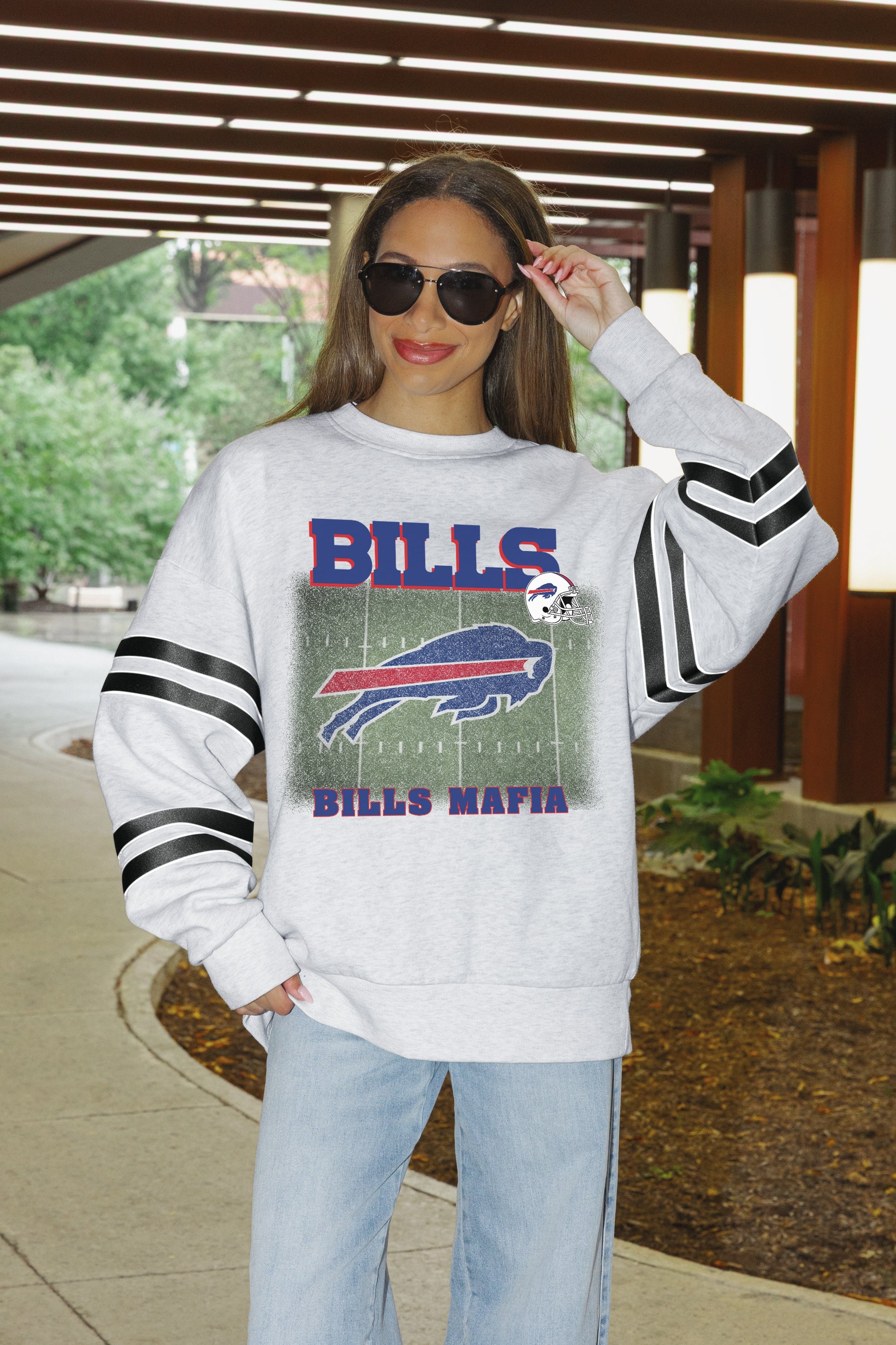 BUFFALO BILLS OFF THE GRID STRIPE SLEEVE CREWNECK SWEATSHIRT