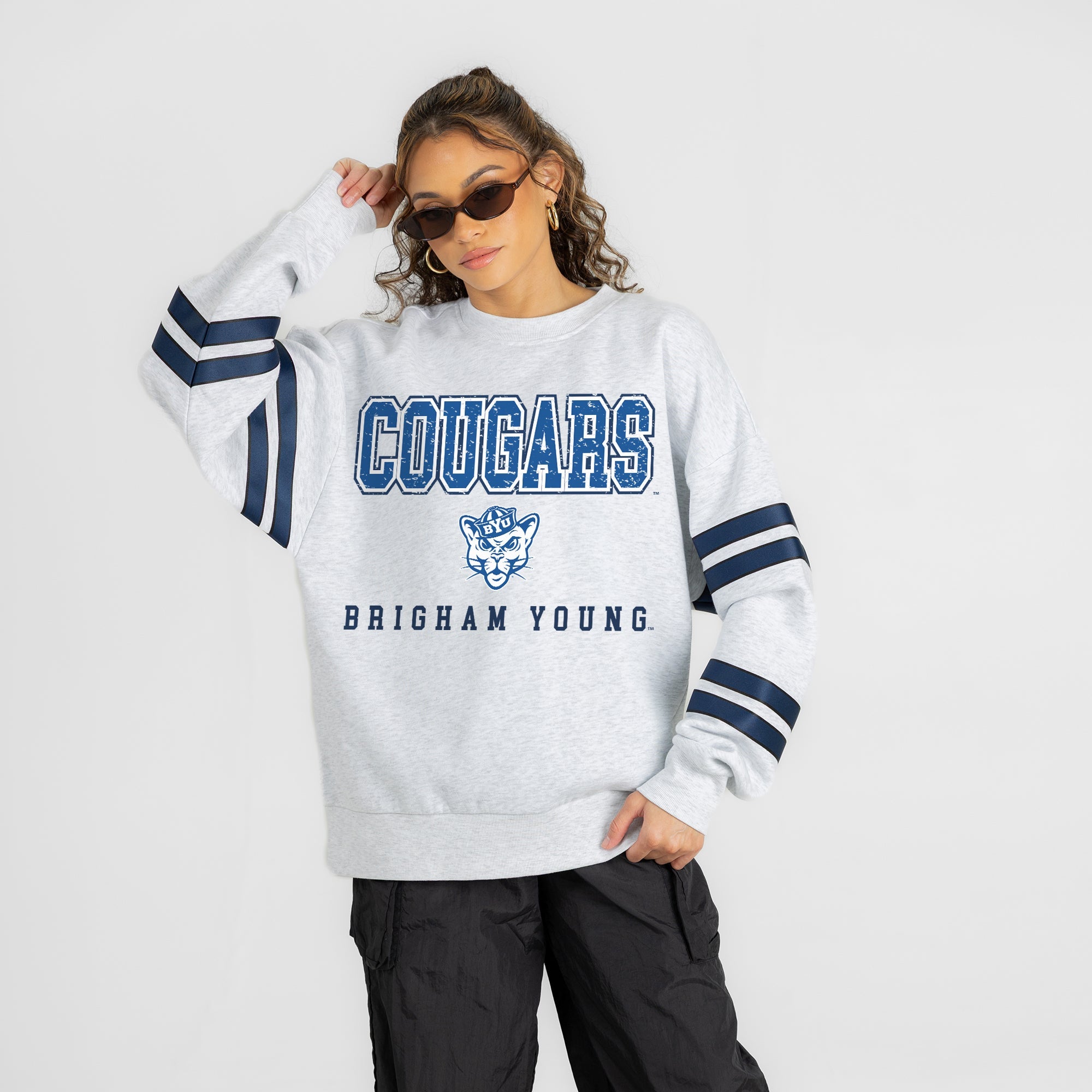BYU COUGARS STADIUM STRIPES STRIPE SLEEVE CREWNECK SWEATSHIRT