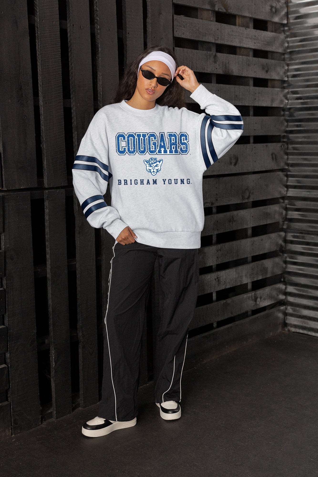 BYU COUGARS STADIUM STRIPES STRIPE SLEEVE CREWNECK SWEATSHIRT