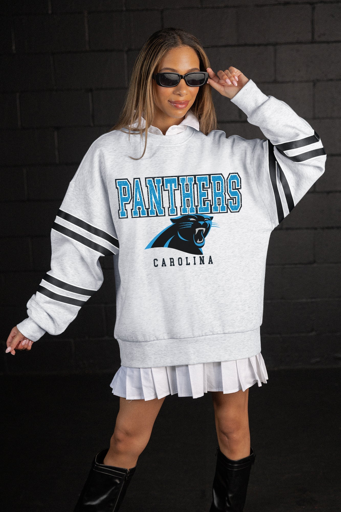 CAROLINA PANTHERS STADIUM STRIPES STRIPE SLEEVE CREWNECK SWEATSHIRT