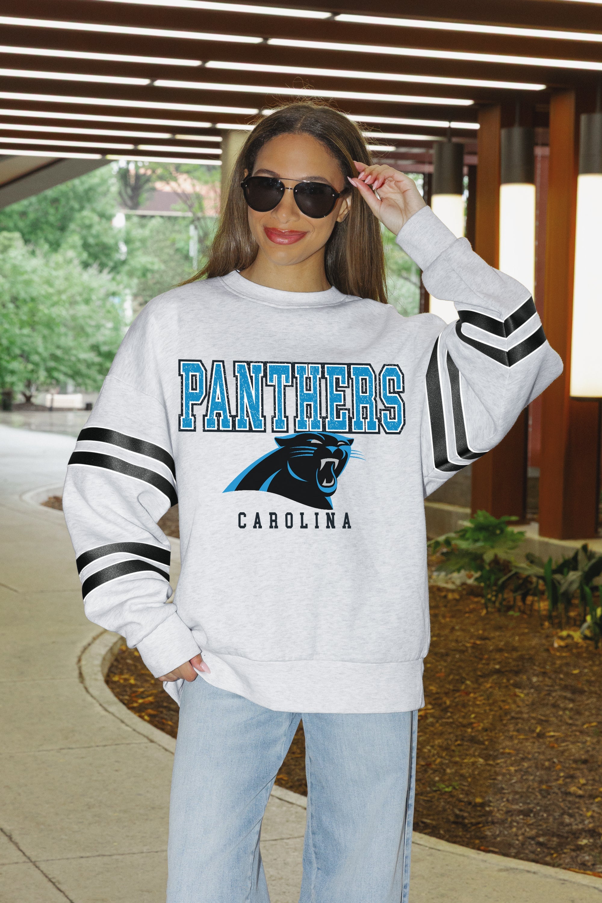 CAROLINA PANTHERS STADIUM STRIPES STRIPE SLEEVE CREWNECK SWEATSHIRT