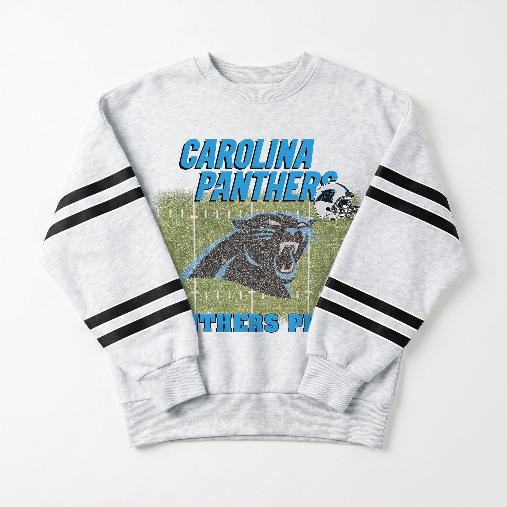 CAROLINA PANTHERS OFF THE GRID STRIPE SLEEVE CREWNECK SWEATSHIRT